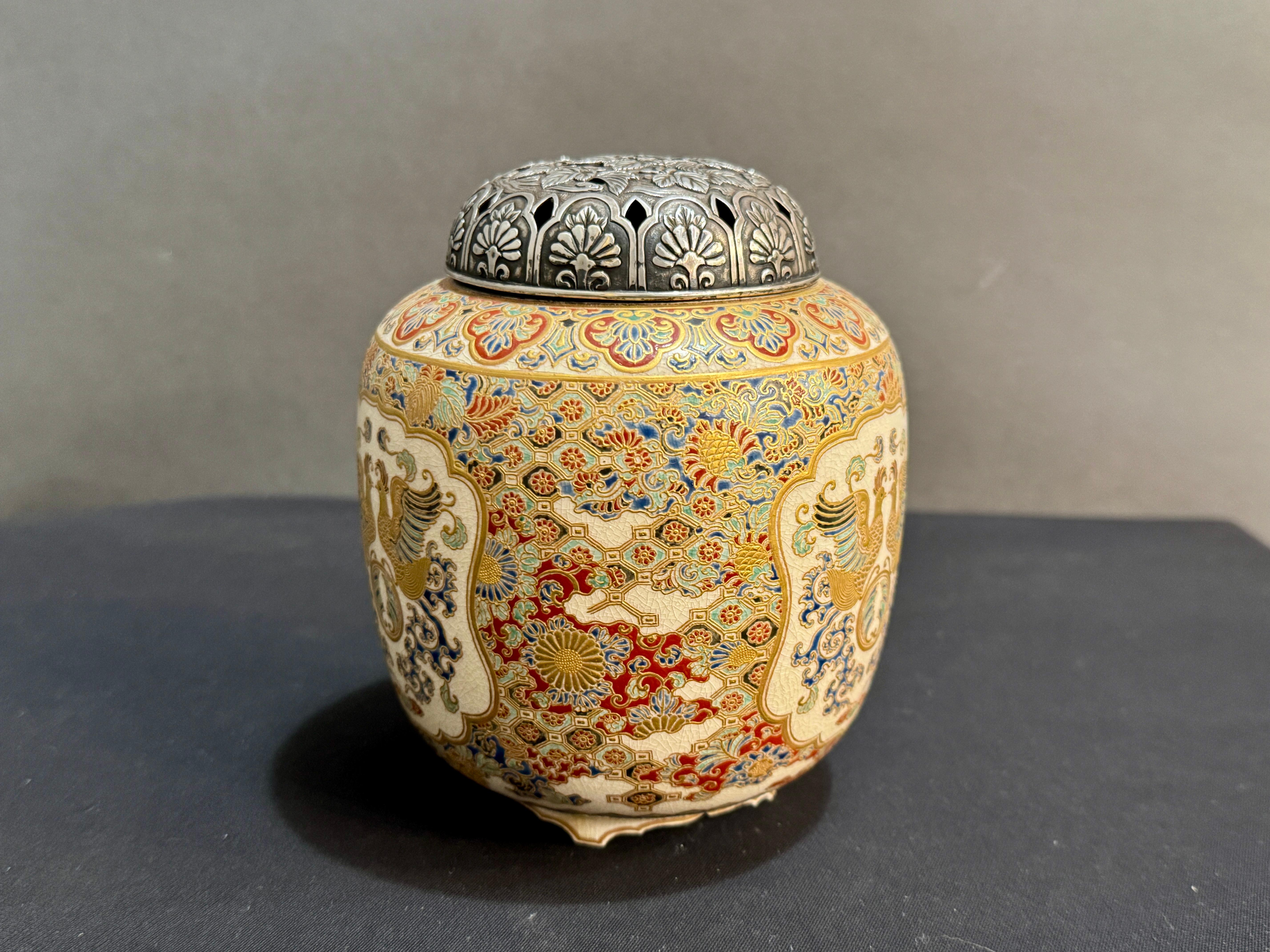 Gilt Japanese Satsuma Incense Burner, Koro, with Silver Lid, Meiji Period, Japan For Sale