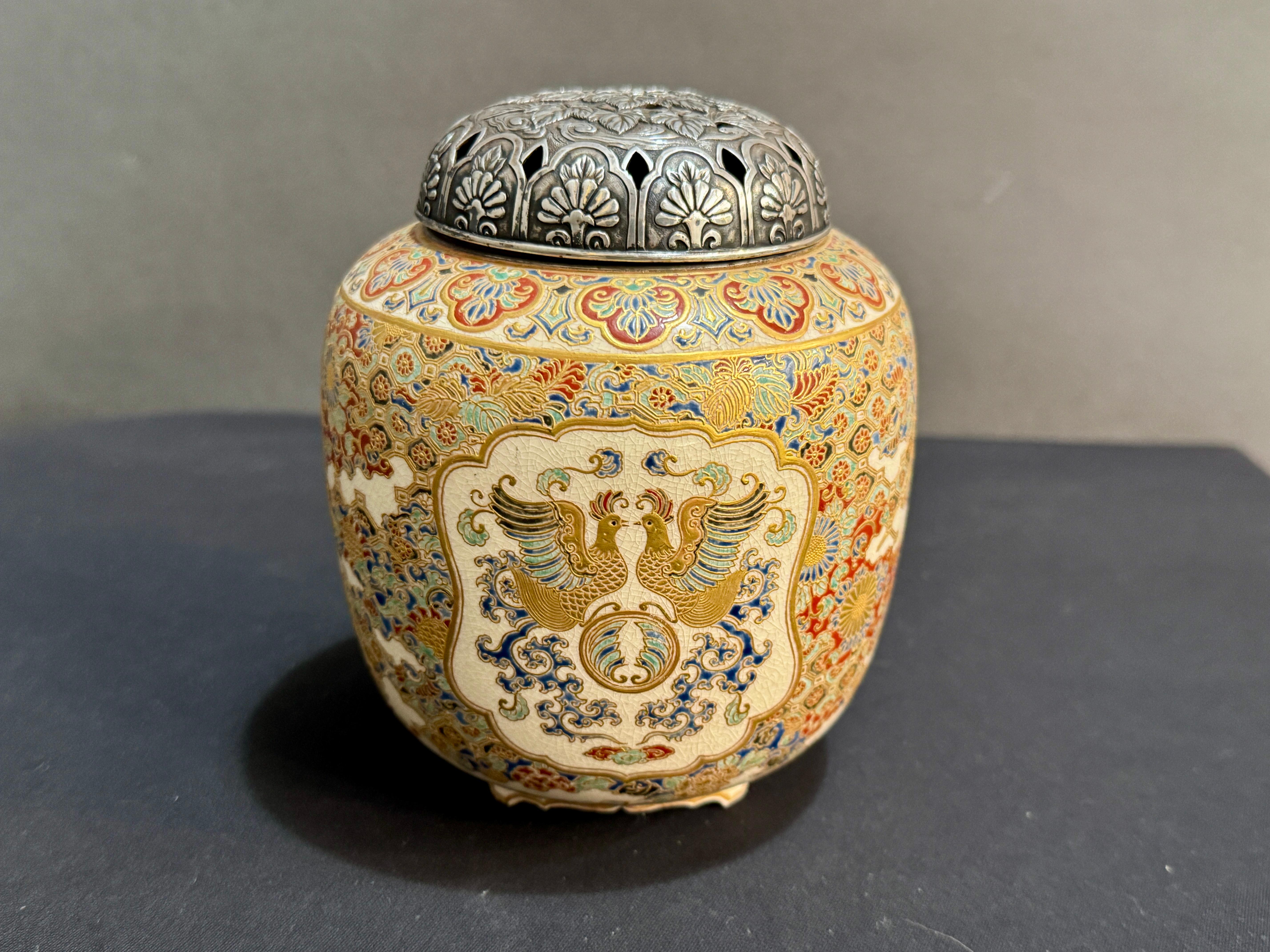 Japanese Satsuma Incense Burner, Koro, with Silver Lid, Meiji Period, Japan In Good Condition For Sale In Austin, TX