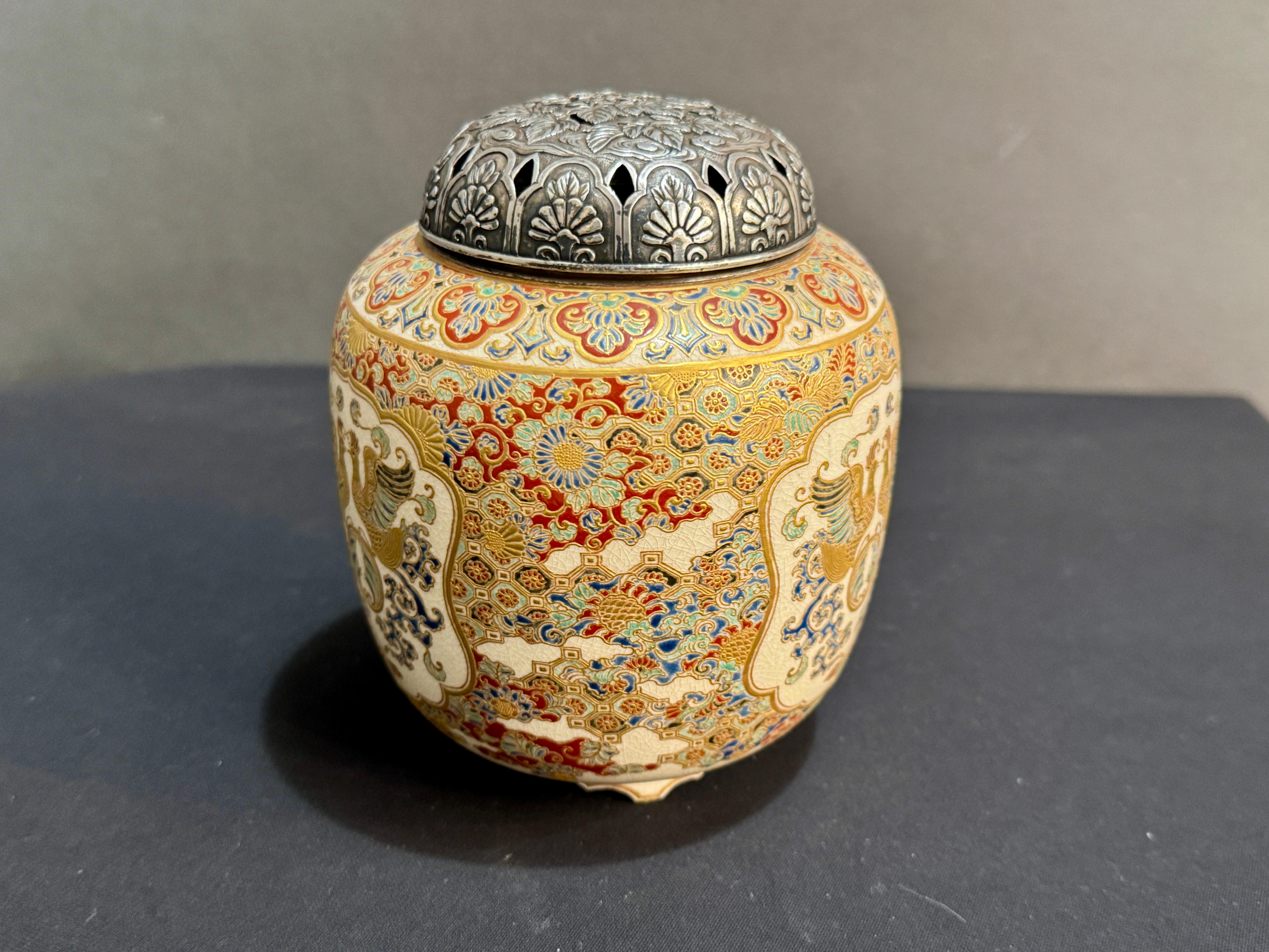 Late 19th Century Japanese Satsuma Incense Burner, Koro, with Silver Lid, Meiji Period, Japan For Sale