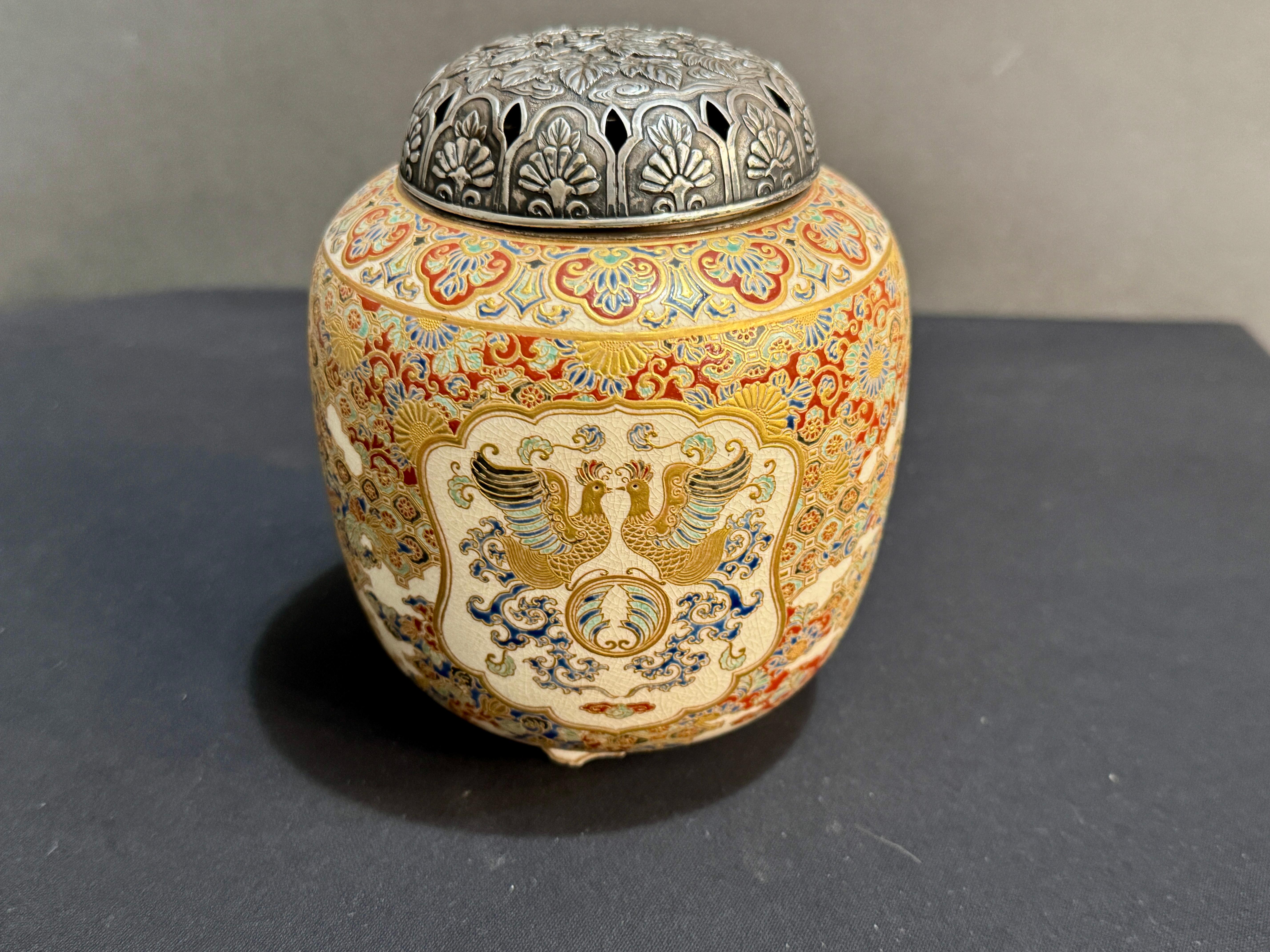 Japanese Satsuma Incense Burner, Koro, with Silver Lid, Meiji Period, Japan For Sale 1