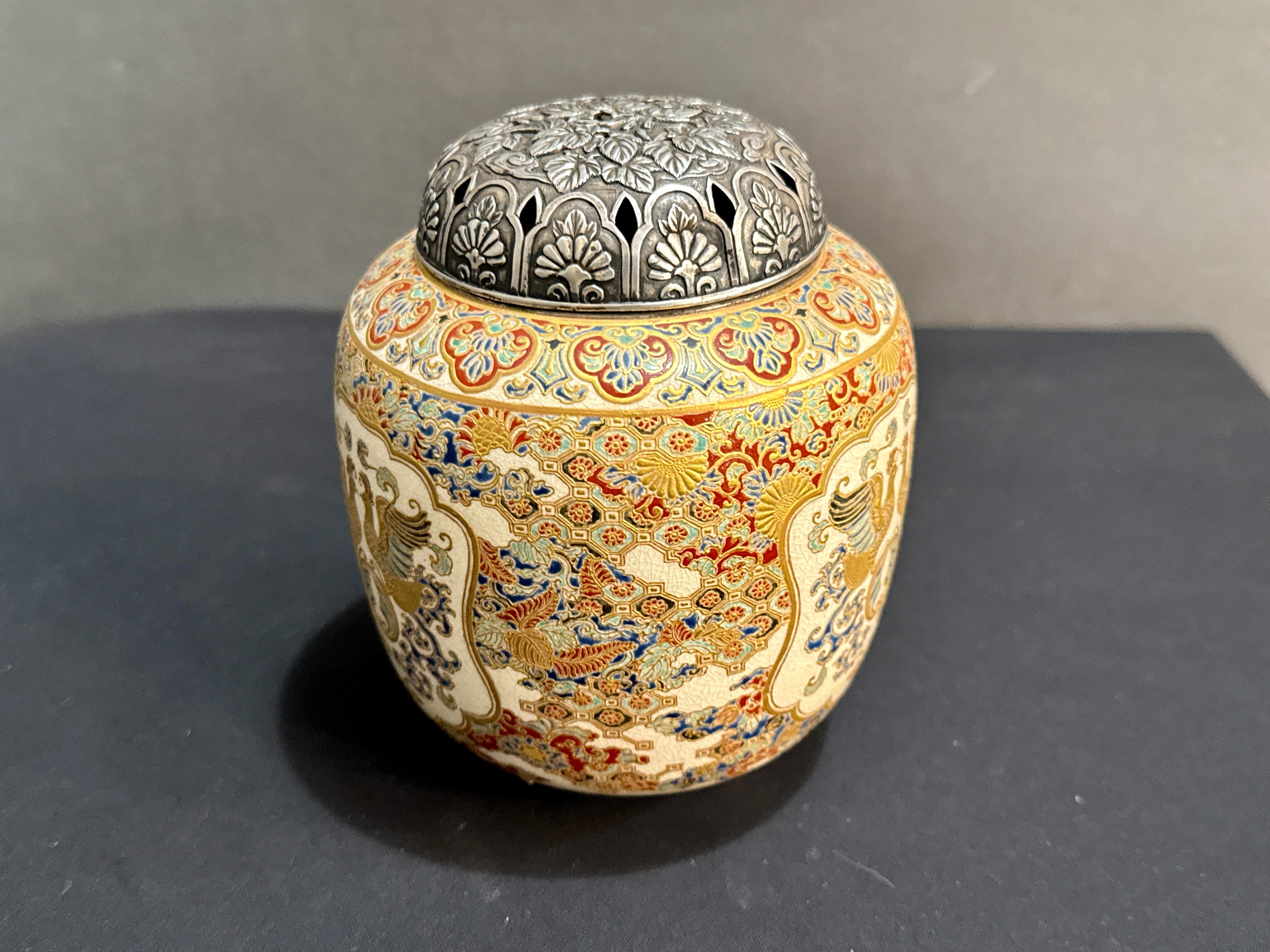 Japanese Satsuma Incense Burner, Koro, with Silver Lid, Meiji Period, Japan For Sale 2