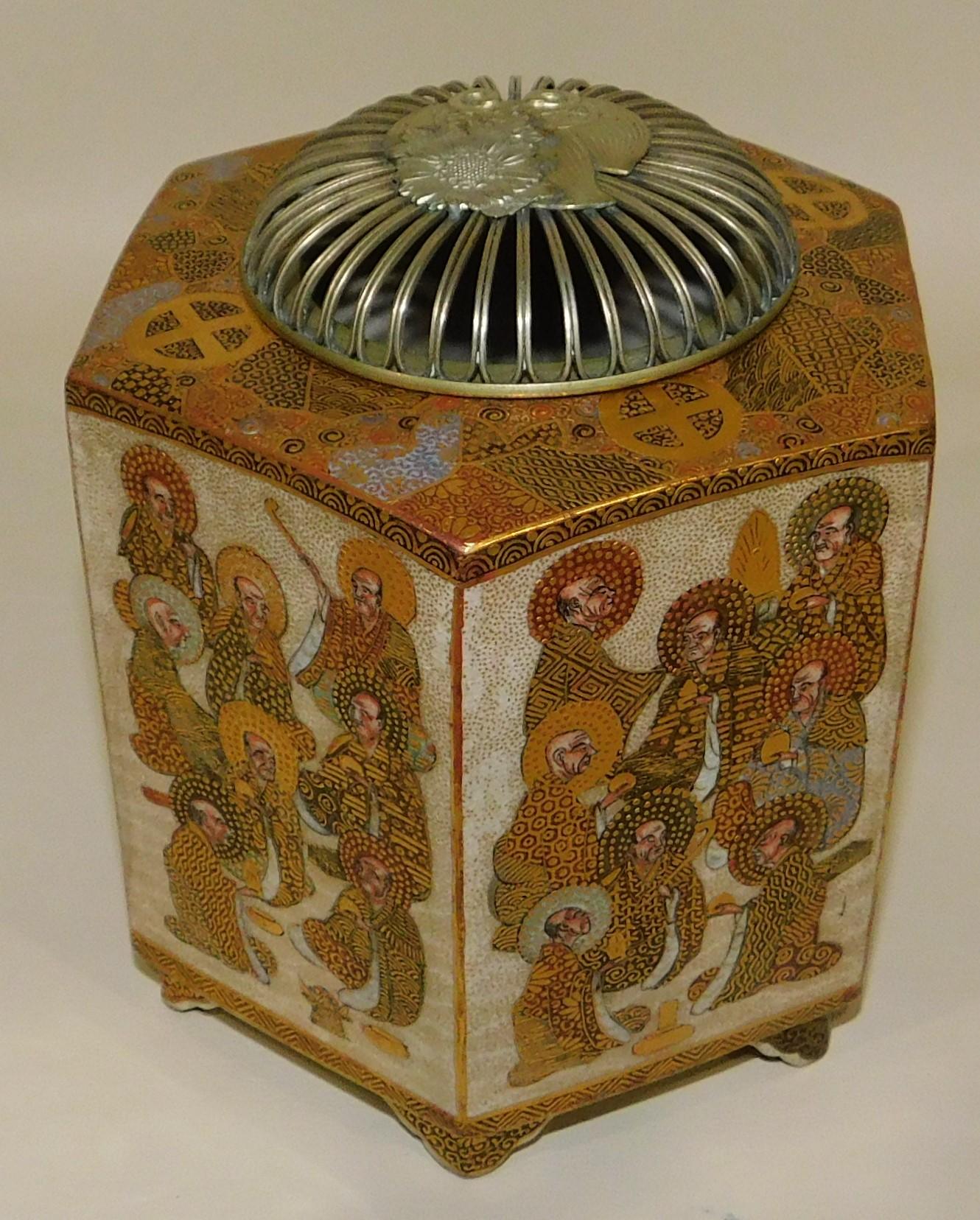 Japanese Satsuma Koro incense burner with a silver lid, circa 1919. Five sided with gold trimming, with a silver screen top.