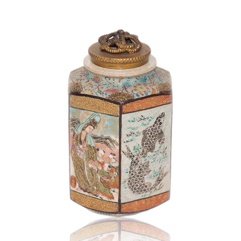 Fine Japanese Meiji period hexagonal satsuma Koro of outstanding form. The Koro shaped with elongated rectangular panels formed in a hexagonal shape with rounded base and rim, intricately detailed with alternating panels of simulated lace porcelain