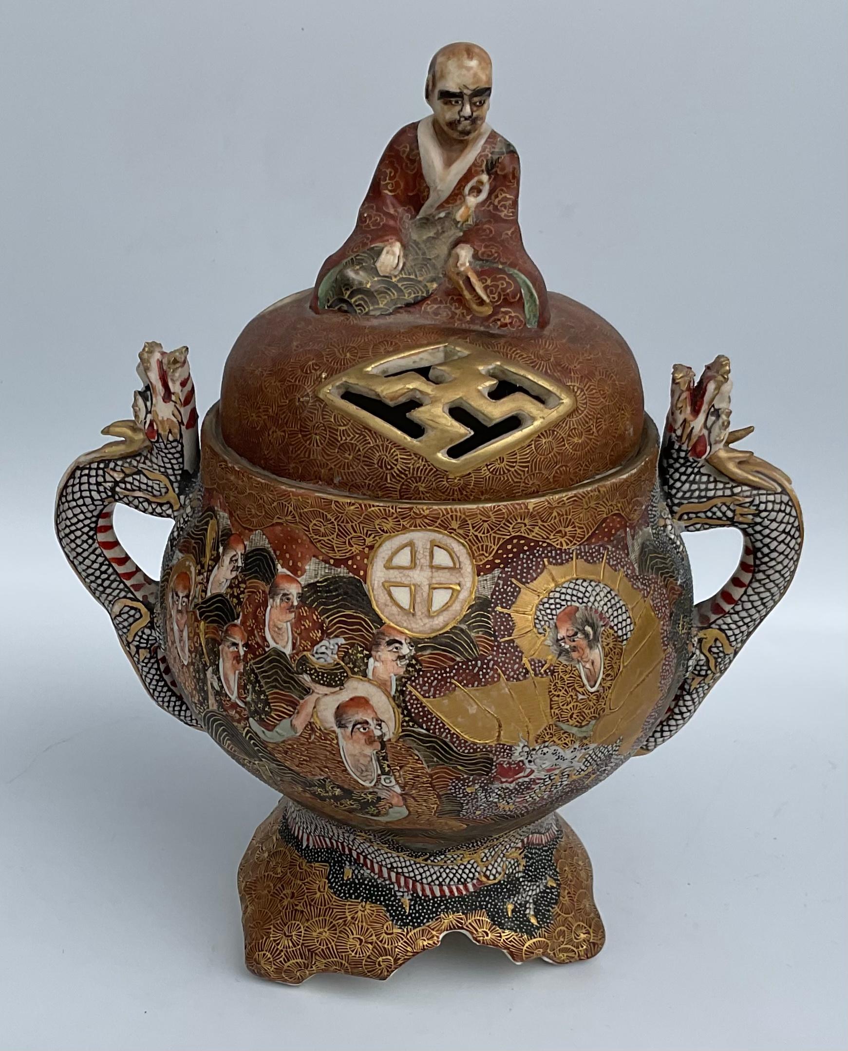 Japanese Satsuma Lidded Koro Artist Signed with Dragons and Faces Very Detailed For Sale 4