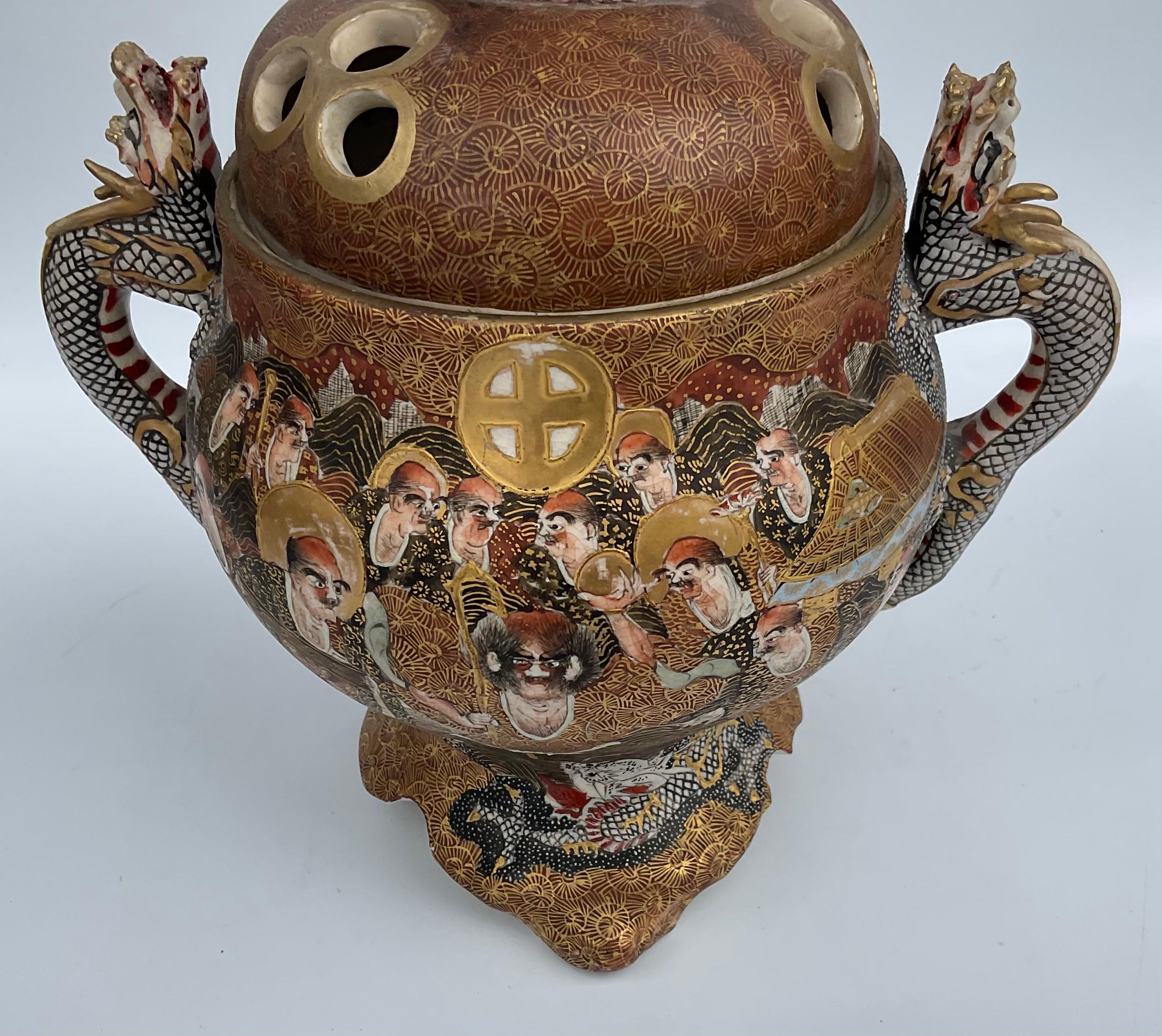 Japanese Satsuma Lidded Koro Artist Signed with Dragons and Faces Very Detailed In Good Condition For Sale In Ann Arbor, MI