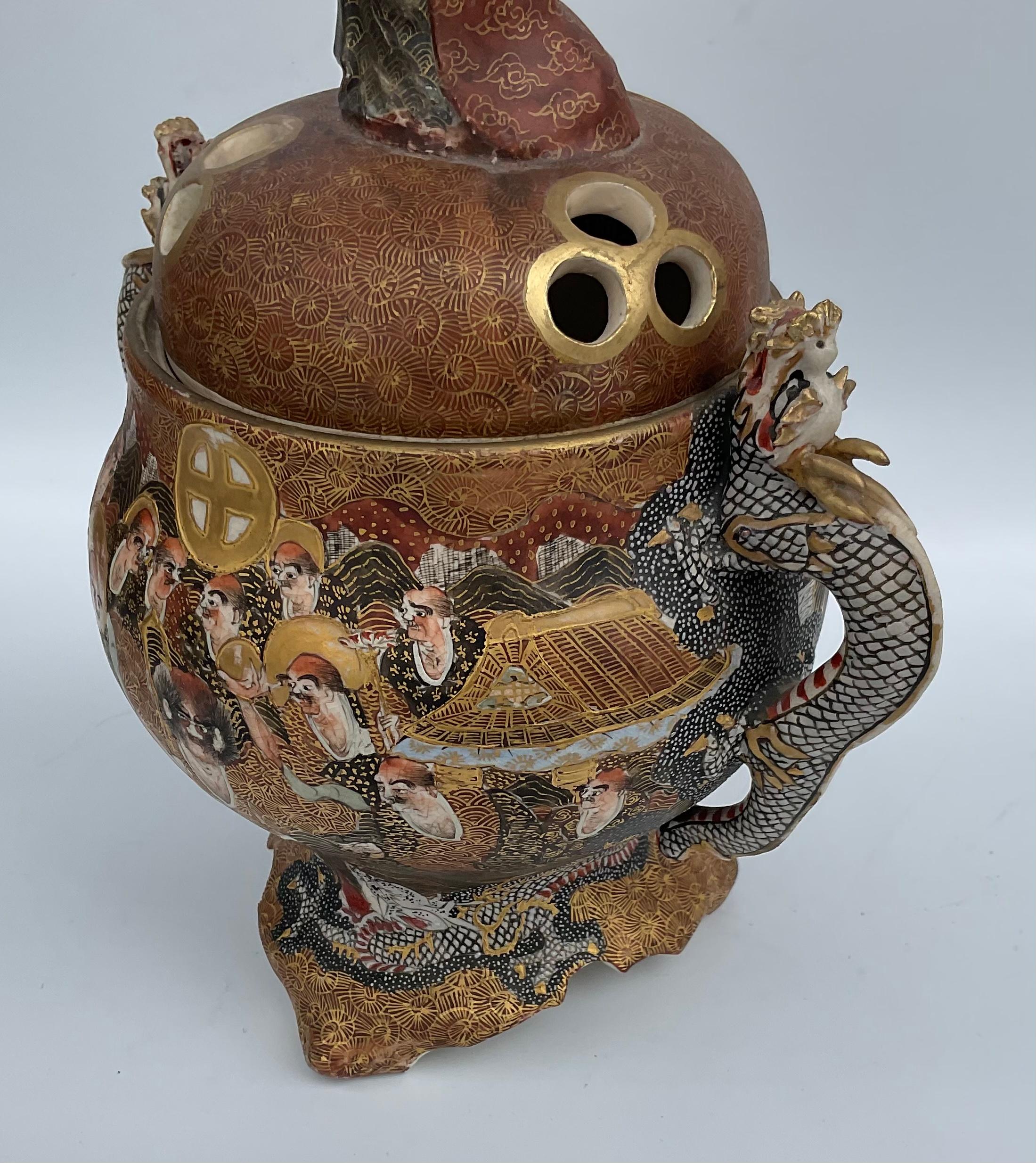Early 20th Century Japanese Satsuma Lidded Koro Artist Signed with Dragons and Faces Very Detailed For Sale