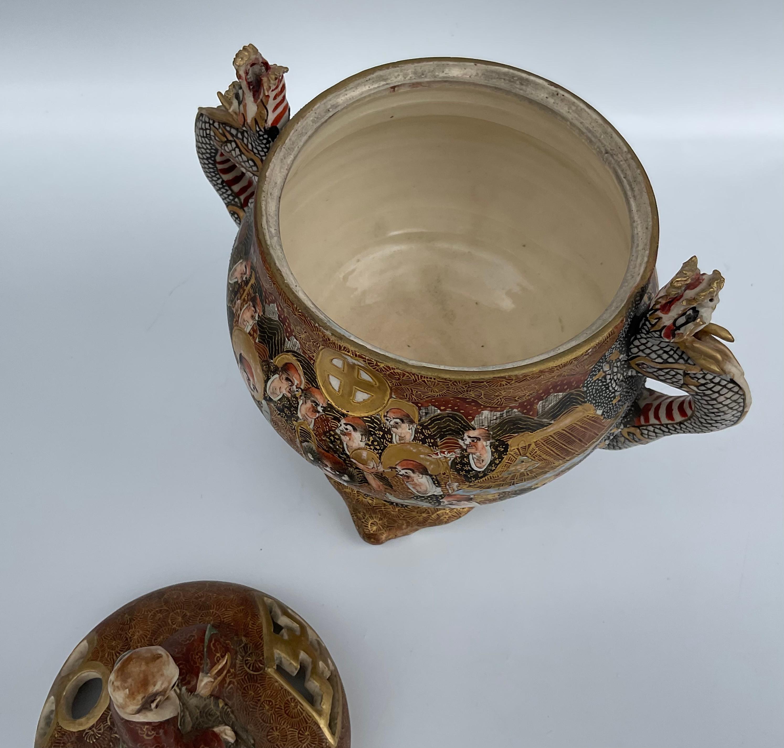 Japanese Satsuma Lidded Koro Artist Signed with Dragons and Faces Very Detailed For Sale 1