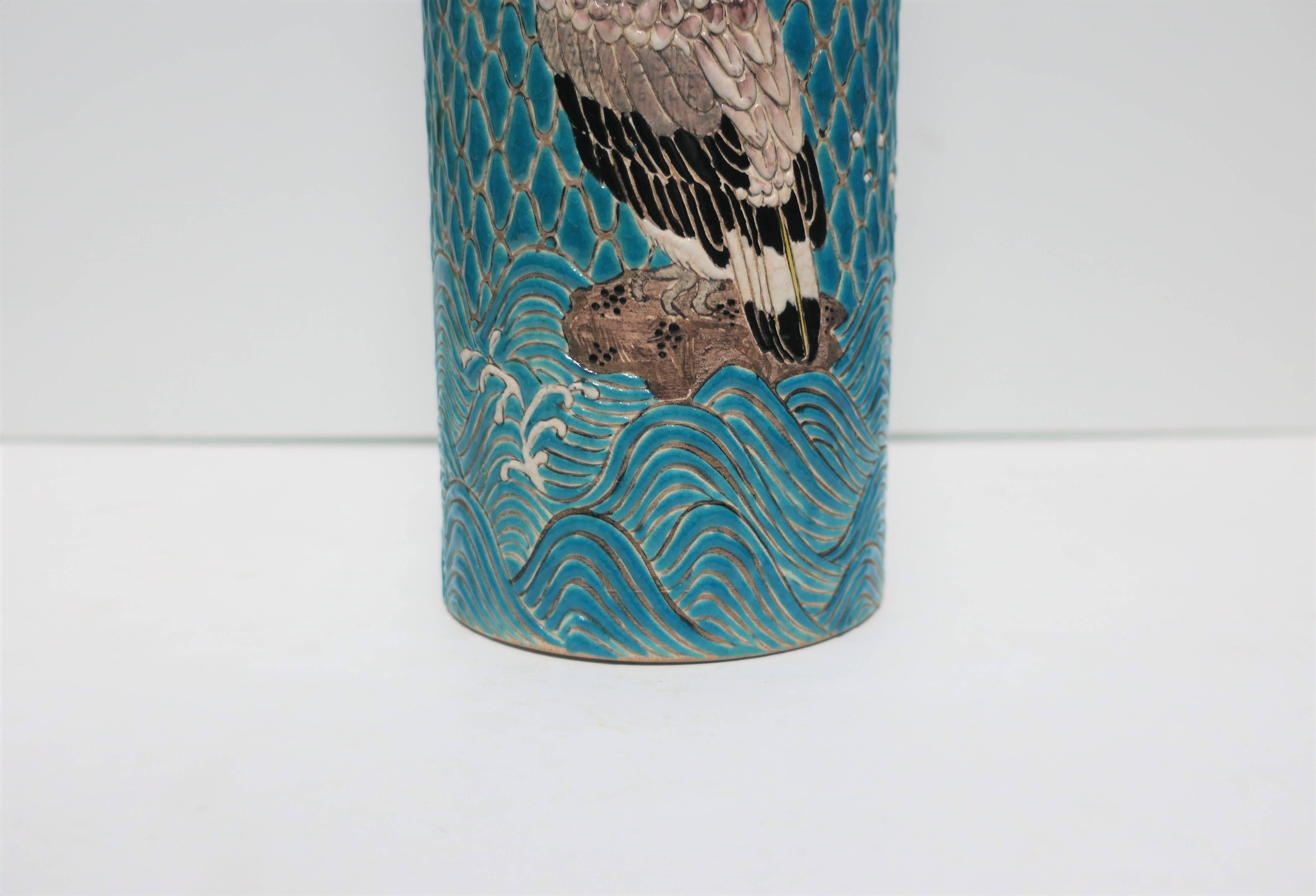 Glazed Japanese Satsuma Majolica Style Earthenware Vase with Birds