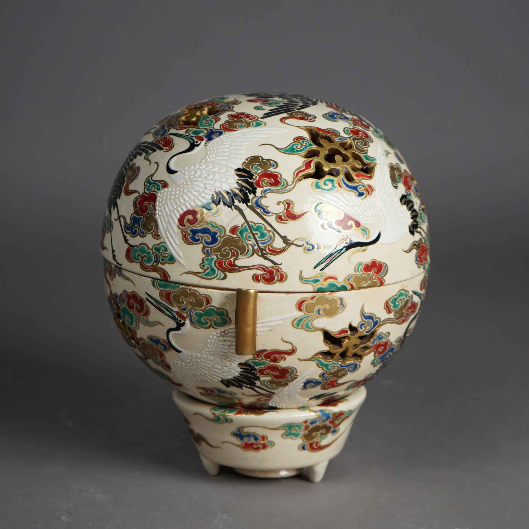 Japanese Satsuma Meiji Hand Painted & Gilt Porcelain Globe Censer c1910 In Good Condition In Big Flats, NY