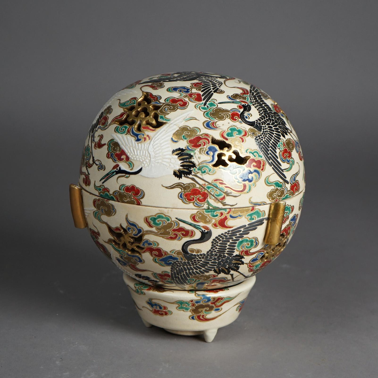 20th Century Japanese Satsuma Meiji Hand Painted & Gilt Porcelain Globe Censer c1910