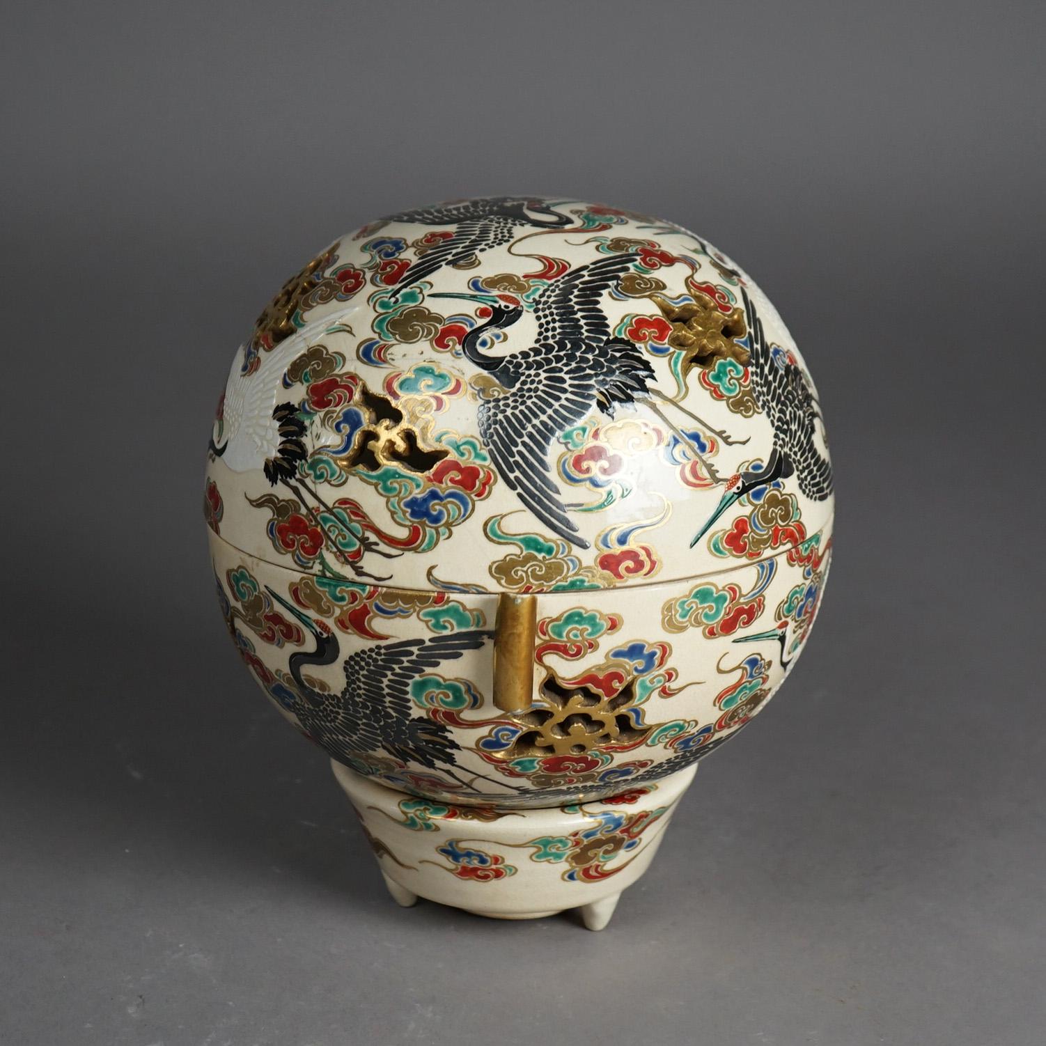 Japanese Satsuma Meiji Hand Painted & Gilt Porcelain Globe Censer c1910 1