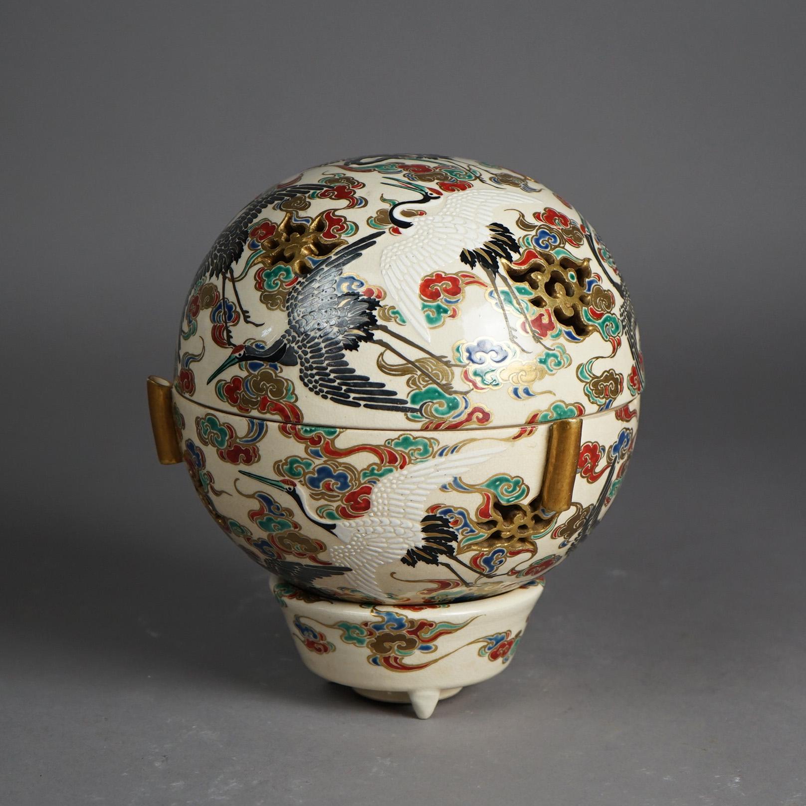 Japanese Satsuma Meiji Hand Painted & Gilt Porcelain Globe Censer c1910 2