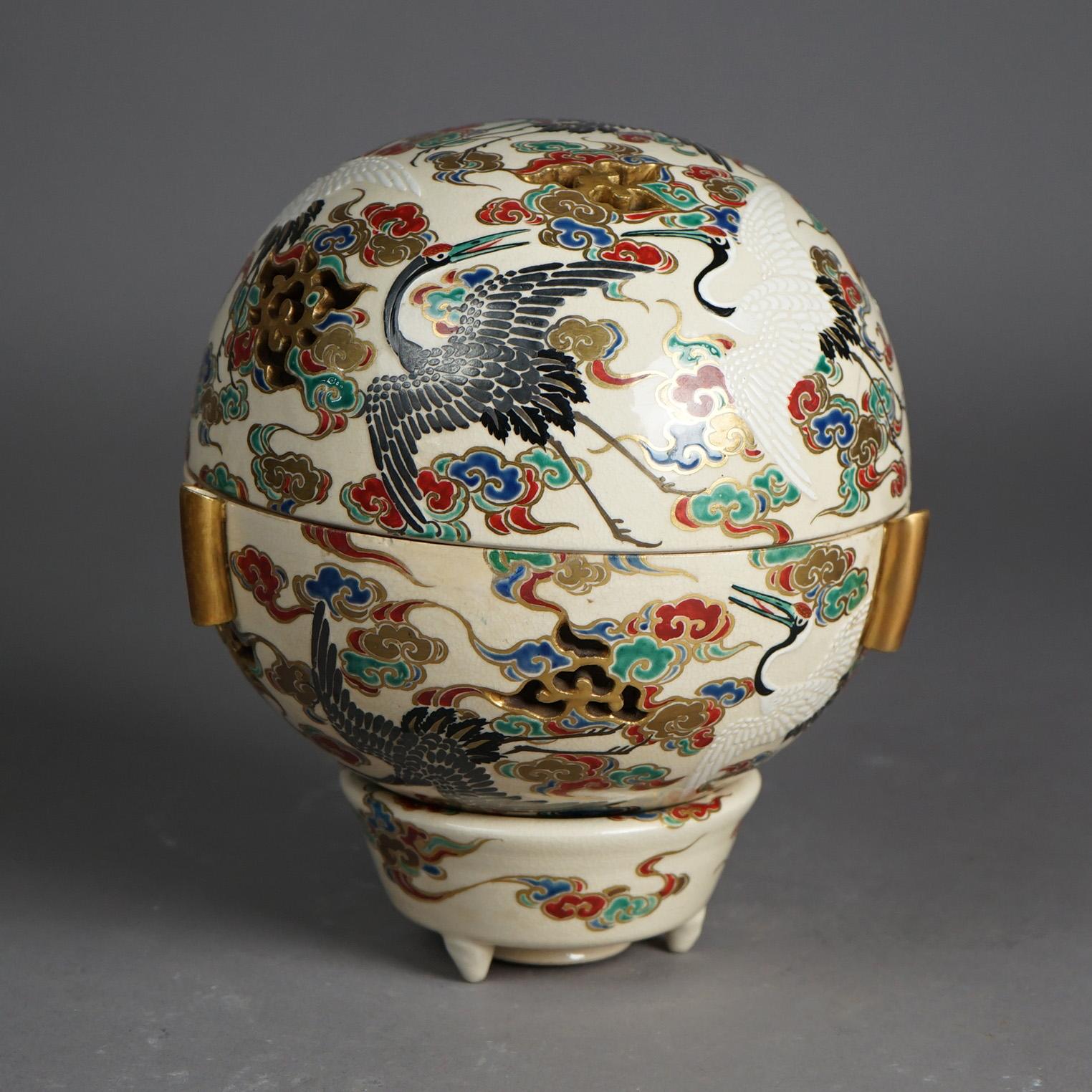 Japanese Satsuma Meiji Hand Painted & Gilt Porcelain Globe Censer c1910 3