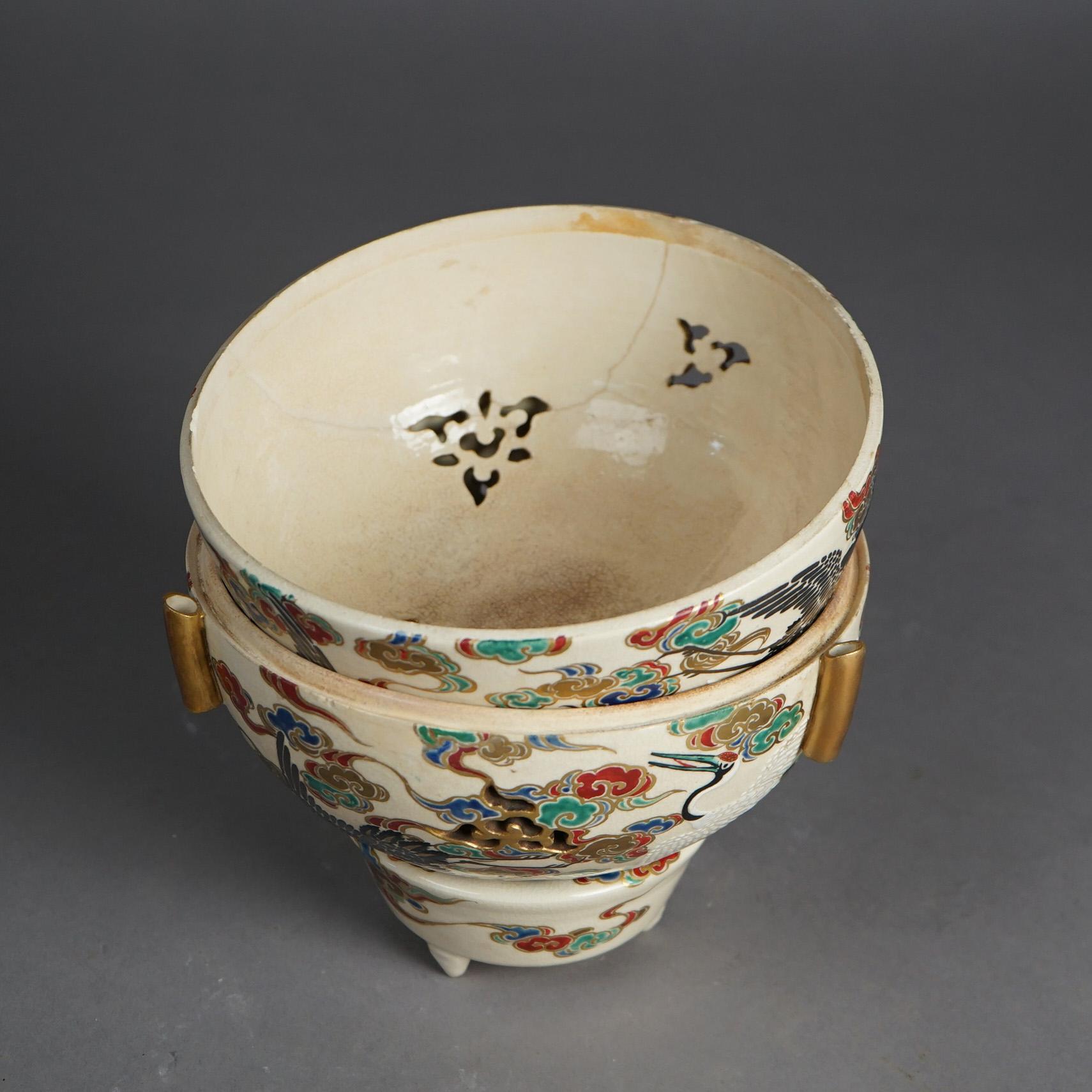 Japanese Satsuma Meiji Hand Painted & Gilt Porcelain Globe Censer c1910 5