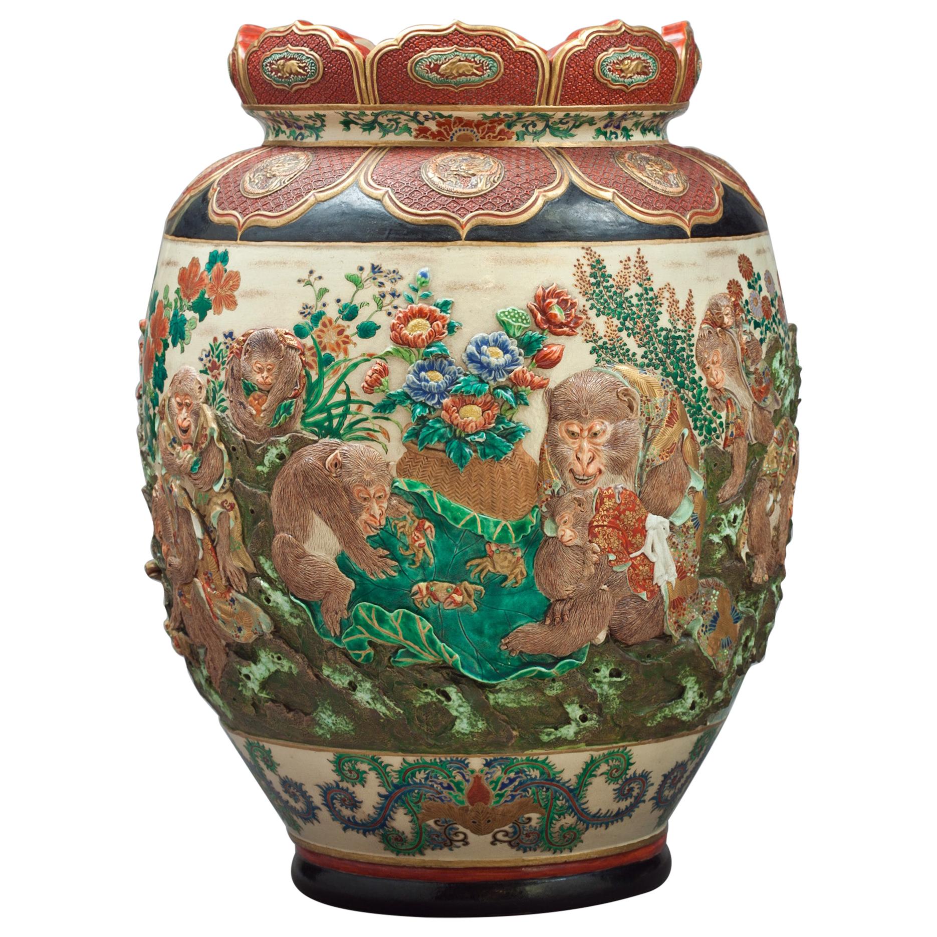 Japanese Satsuma Monkey Vase, circa 1880 For Sale