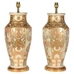 Antique Japanese Satsuma Pair of 19th Century Hexagonal Form Porcelain Table Lamps