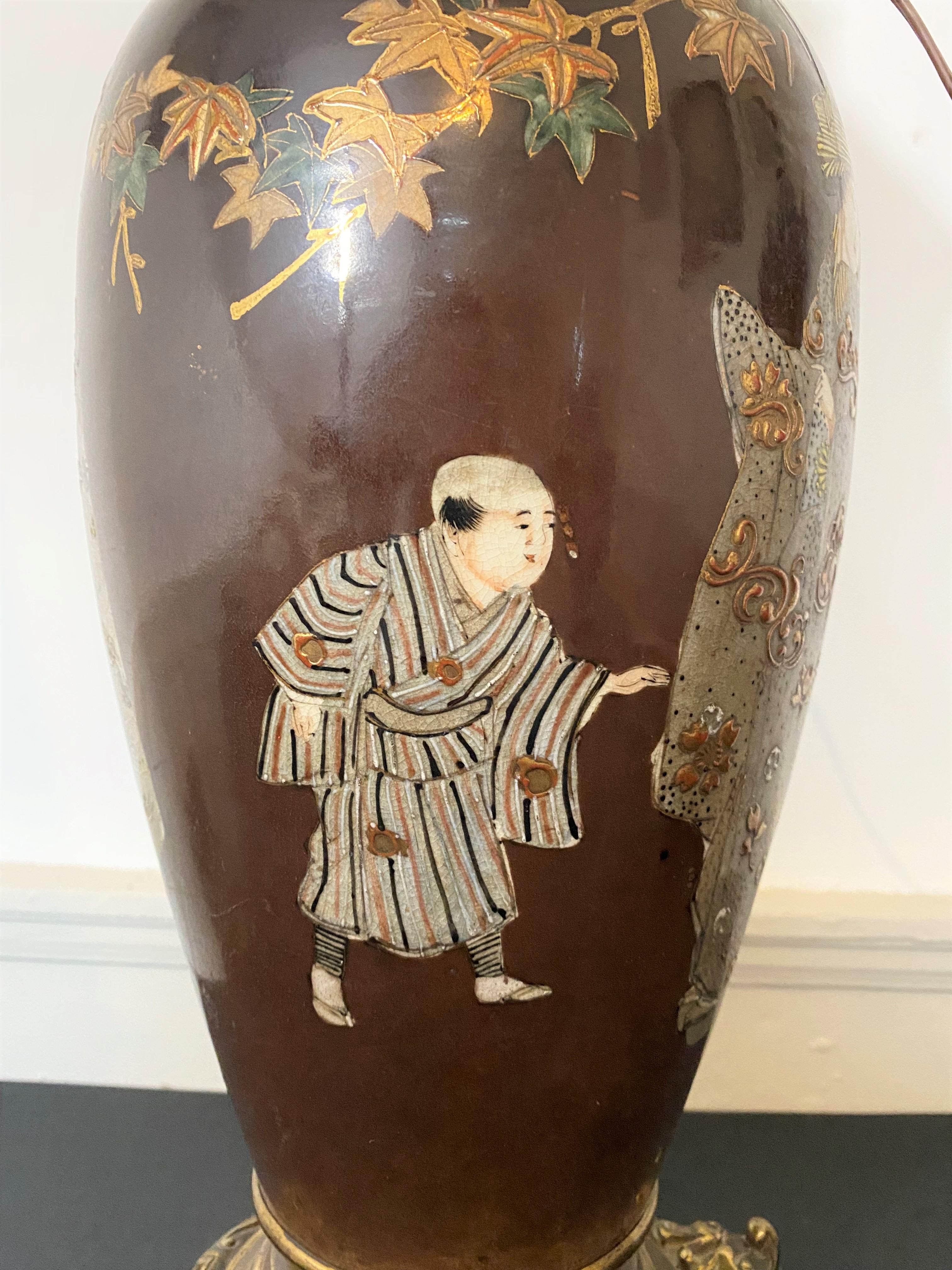 Vase japonais Satsuma en porcelaine et bronze transformé en lampe 19ème siècle  Bon état - En vente à Beuzevillette, FR