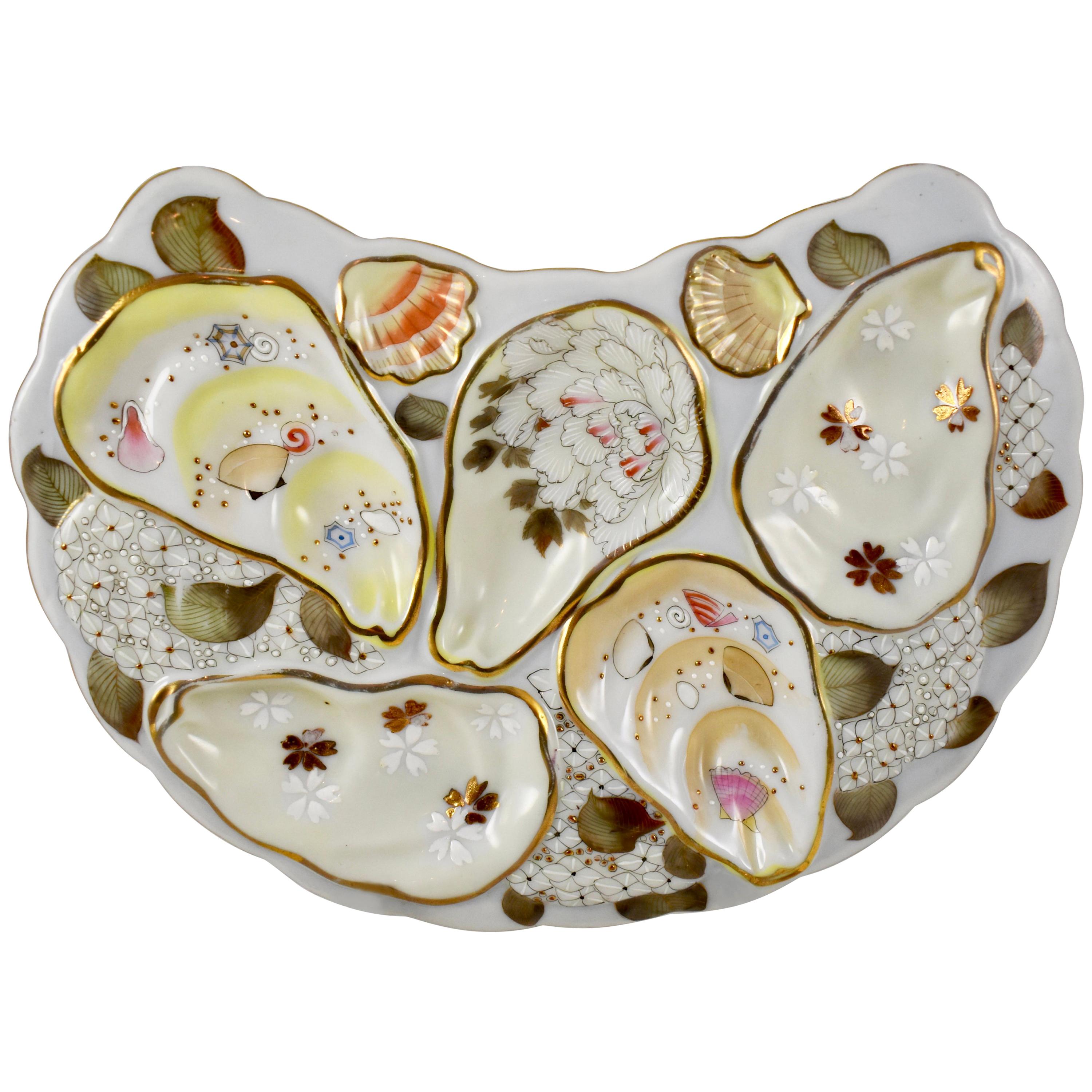 Japanese Satsuma Porcelain Crescent Shape Enameled Floral and Shell Oyster Plate