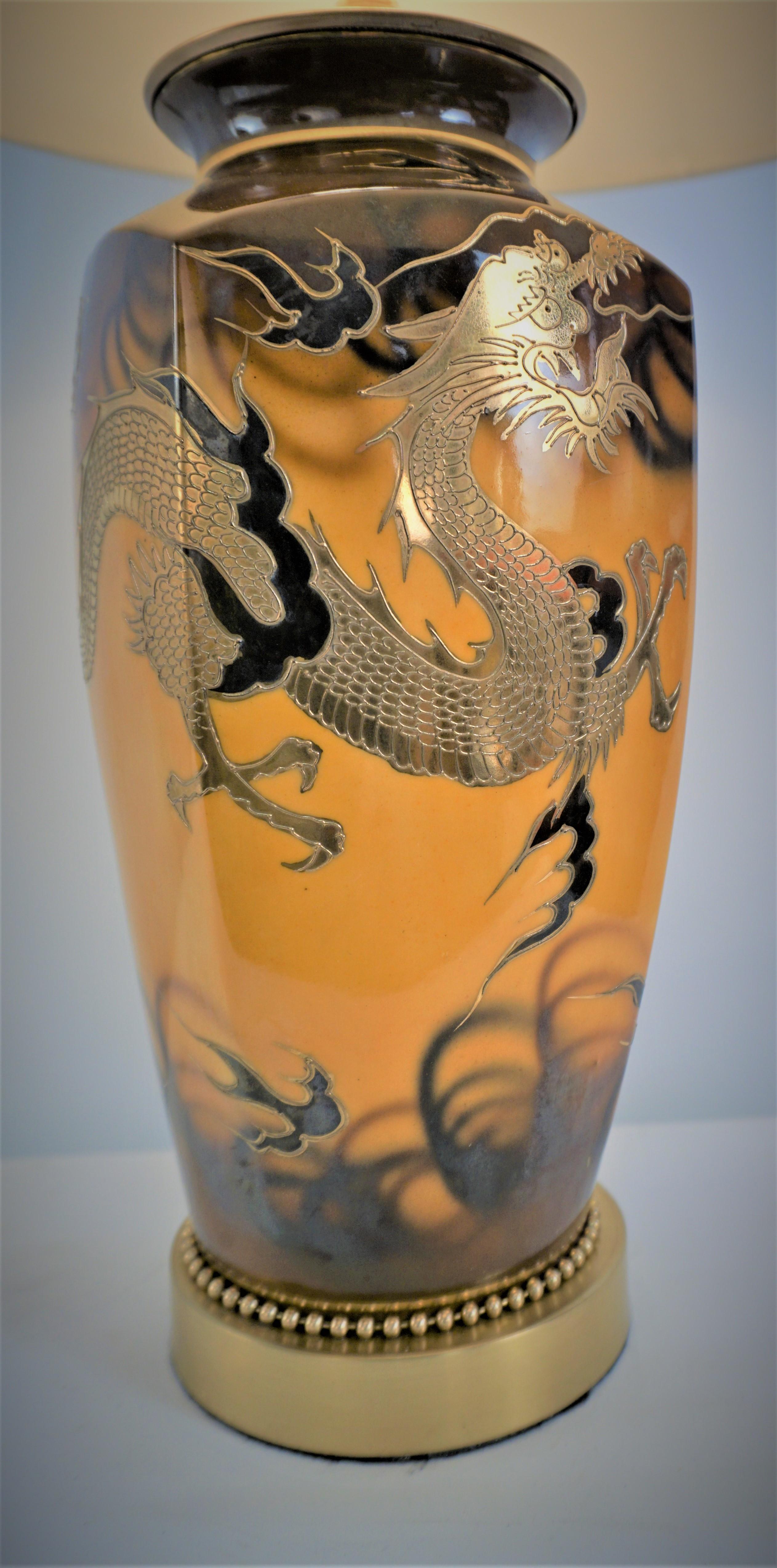 Custom made Japanese Satsuma golden dragon design vase table lamp with silk lampshade and tigers eye finial. 