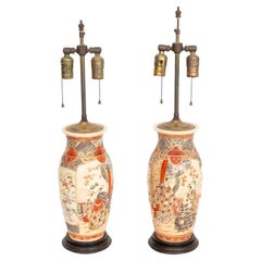 Vintage Japanese Satsuma Porcelain Vases as Lamps, Pair