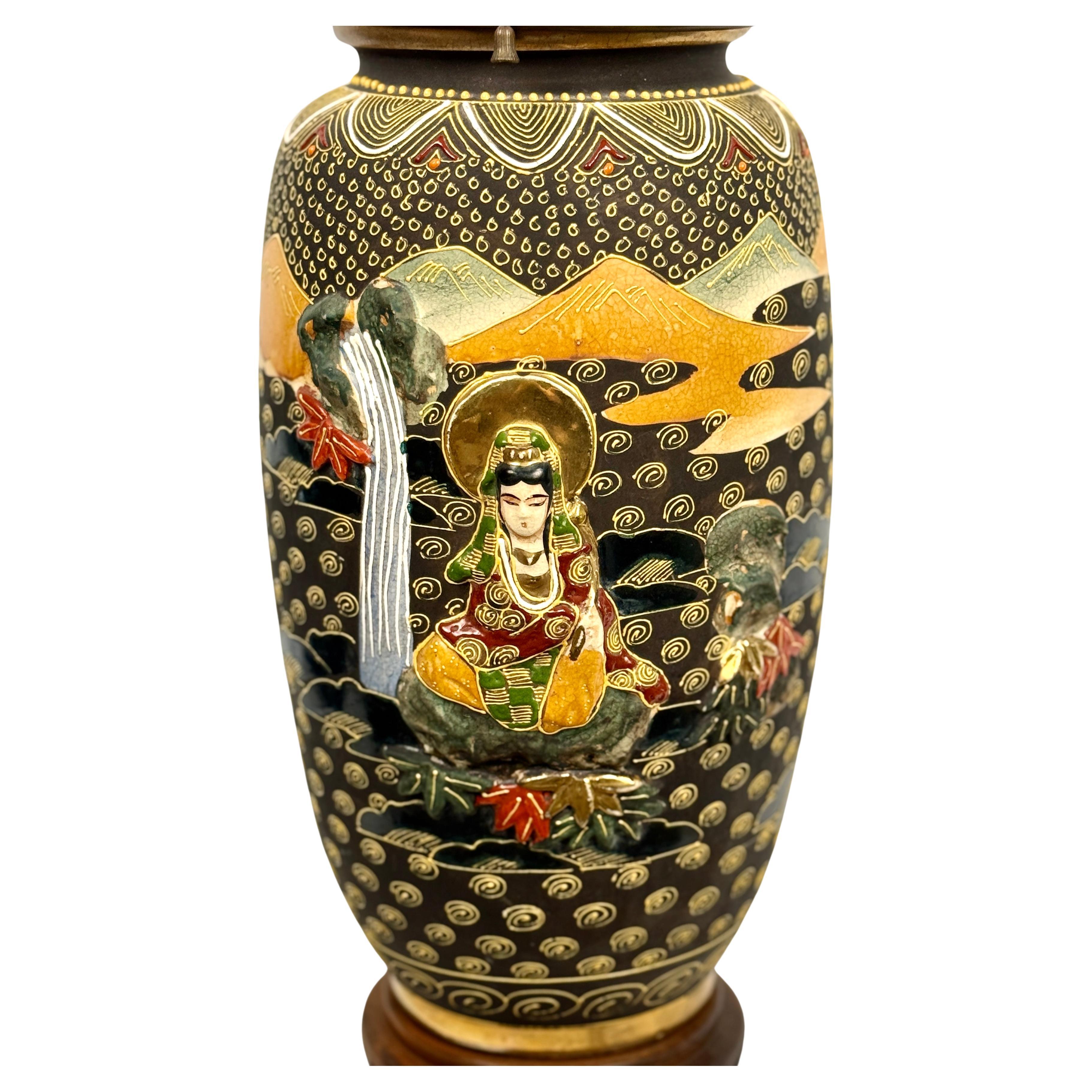 Hand-Painted Japanese Satsuma Style Porcelain Vase Table Lamp For Sale