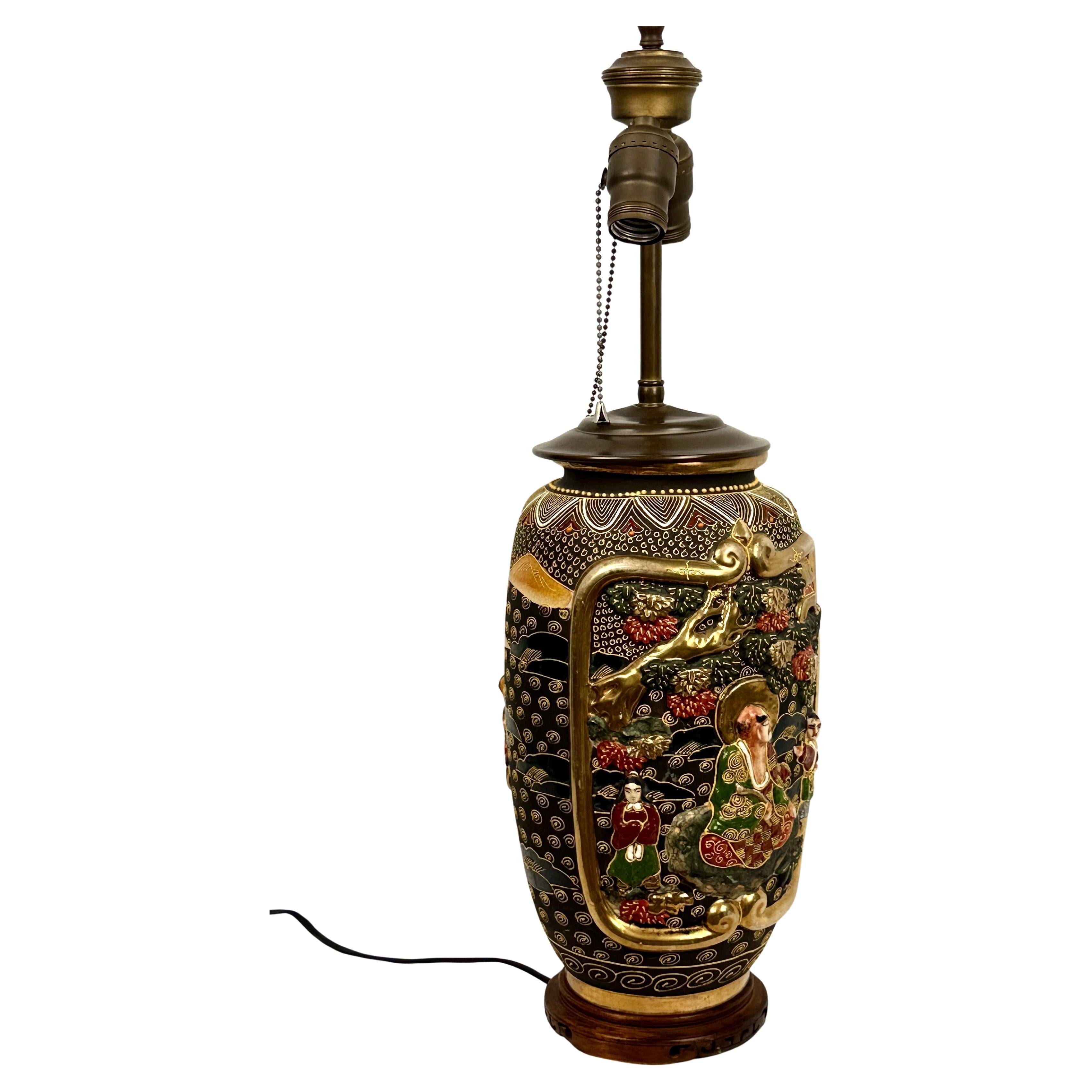 Japanese Satsuma Style Porcelain Vase Table Lamp In Good Condition For Sale In Bradenton, FL