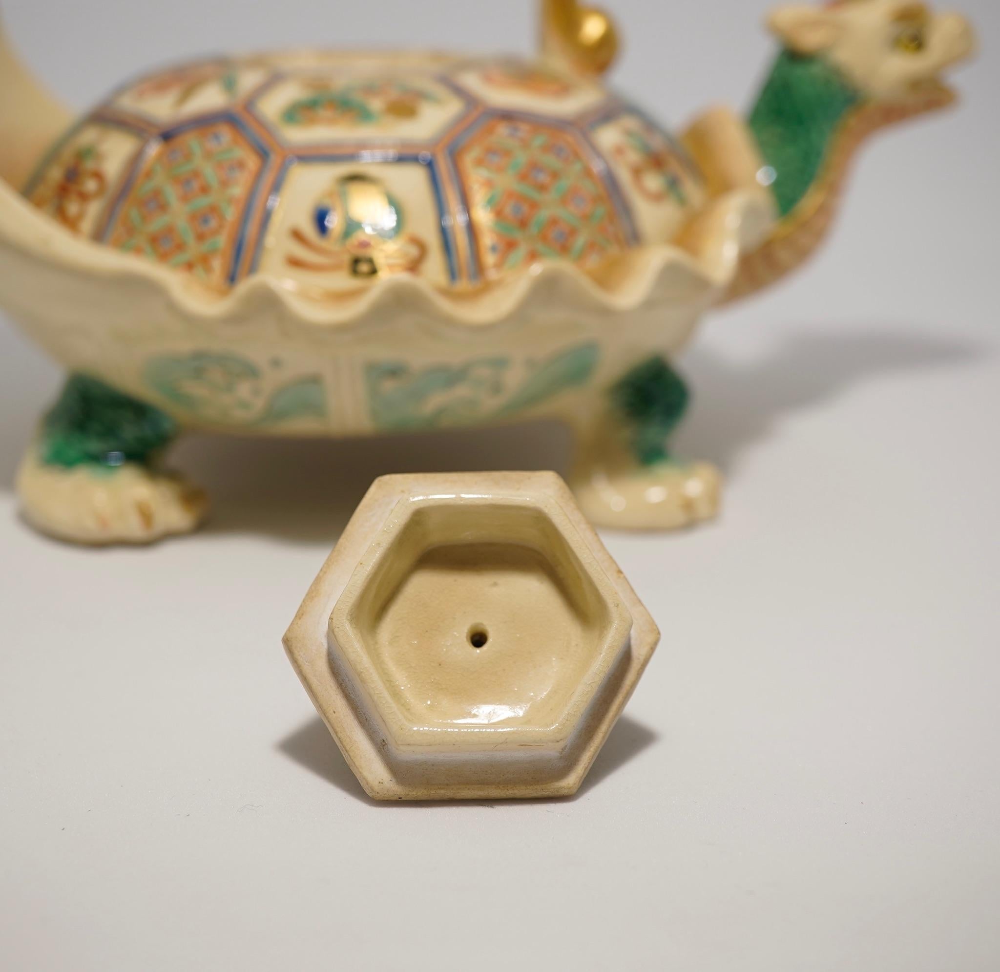 Asian Japanese Satsuma Tea Kettle, Rare ‘Minogame’ Turtle Form, Signed Makuzu Kozan For Sale