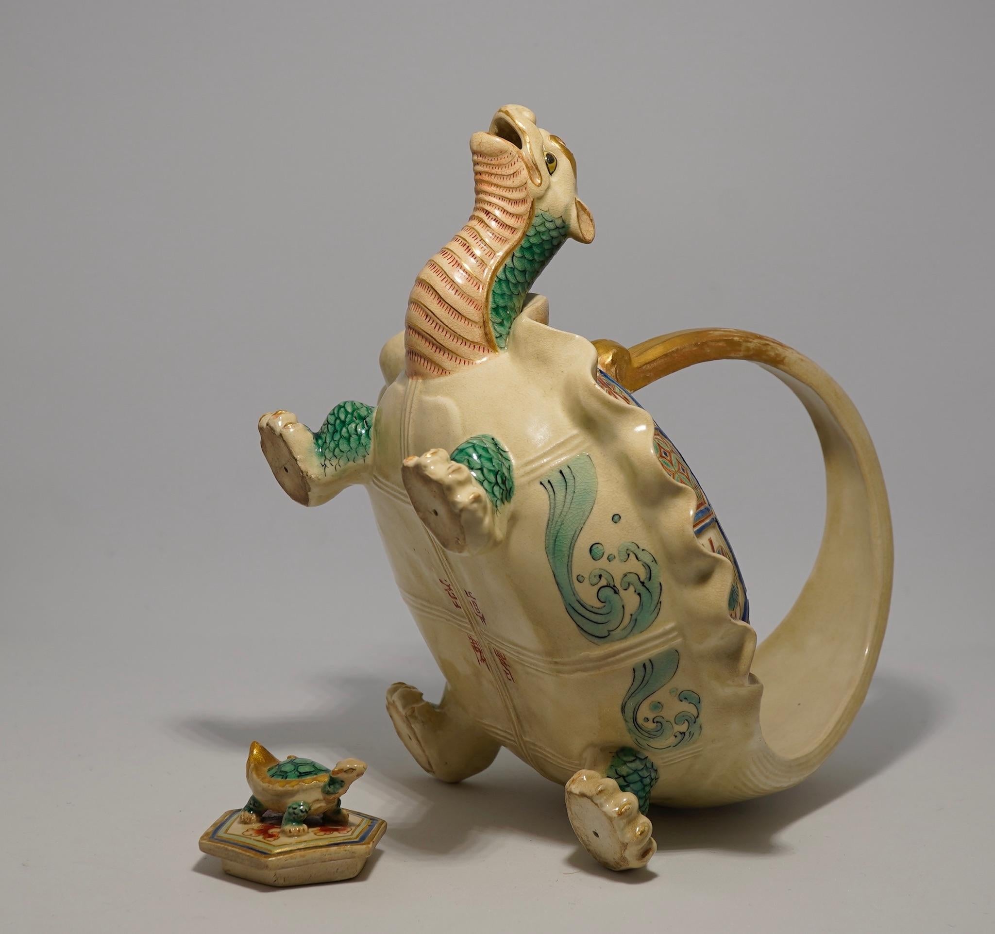 Pottery Japanese Satsuma Tea Kettle, Rare ‘Minogame’ Turtle Form, Signed Makuzu Kozan For Sale