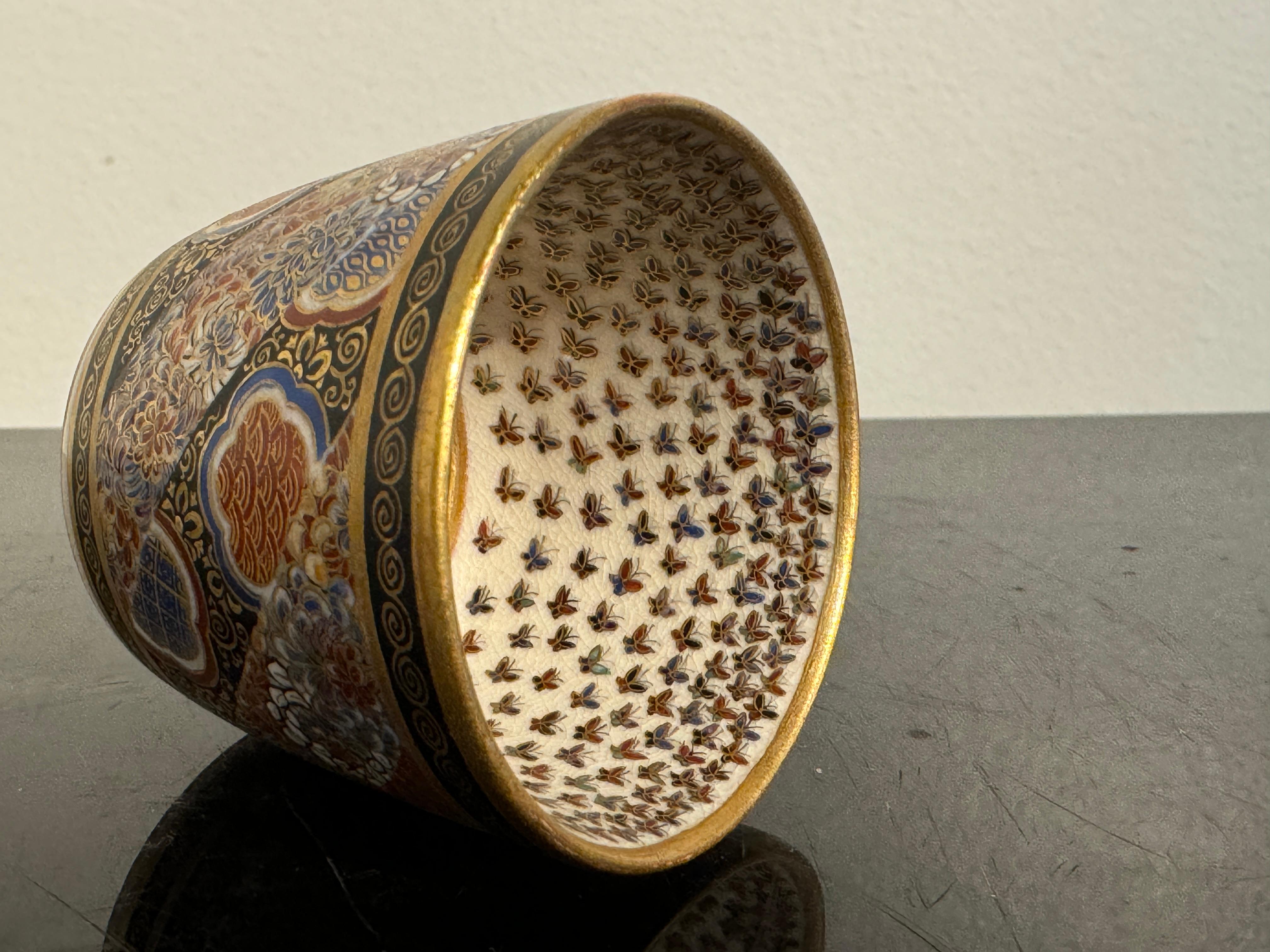 Enamel Japanese Satsuma Thousand Butterflies Sake Cup, Gunkozan, Meiji Period, Japan