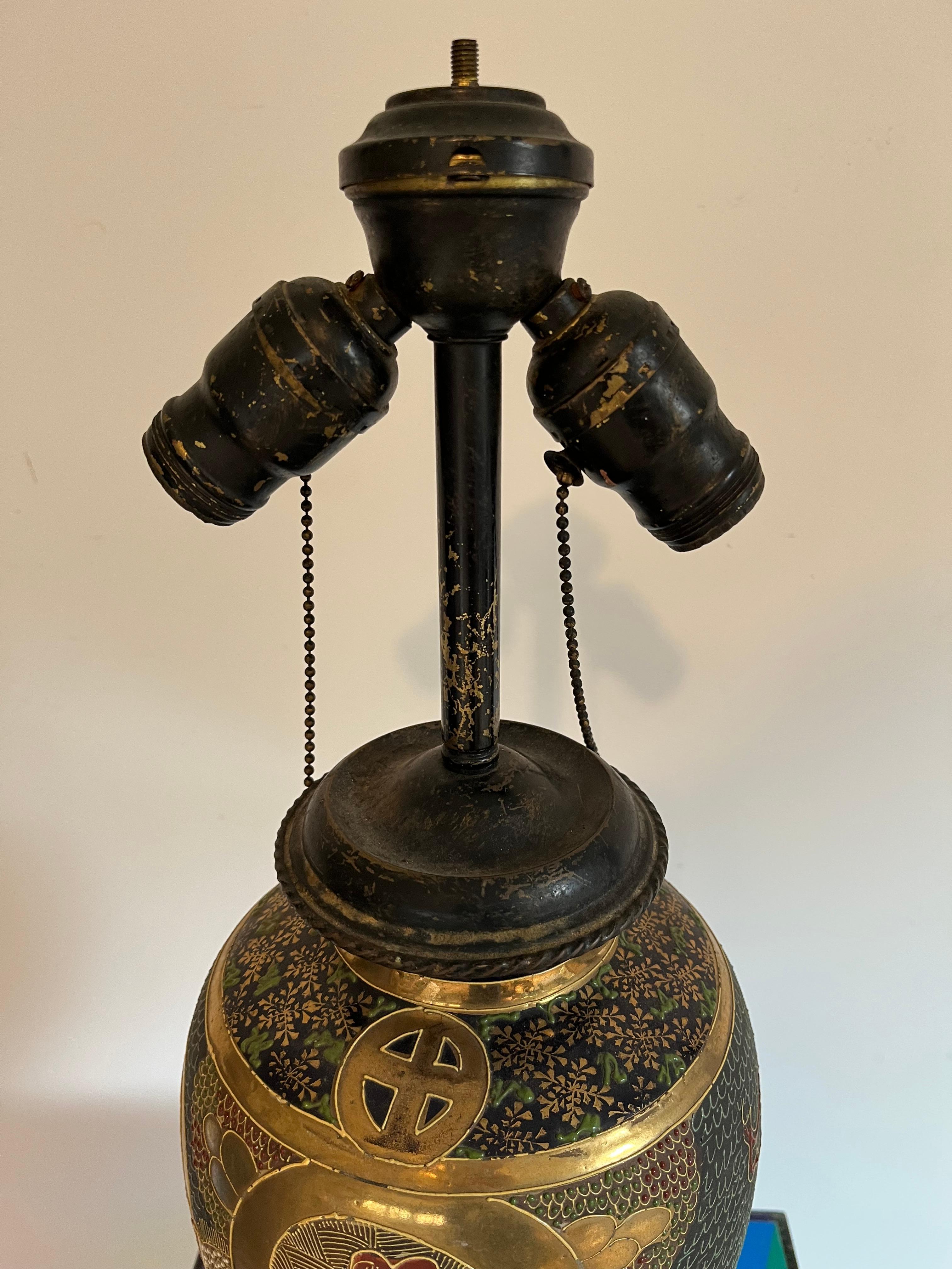Hand-Painted Japanese Satsuma Vase Lamp For Sale