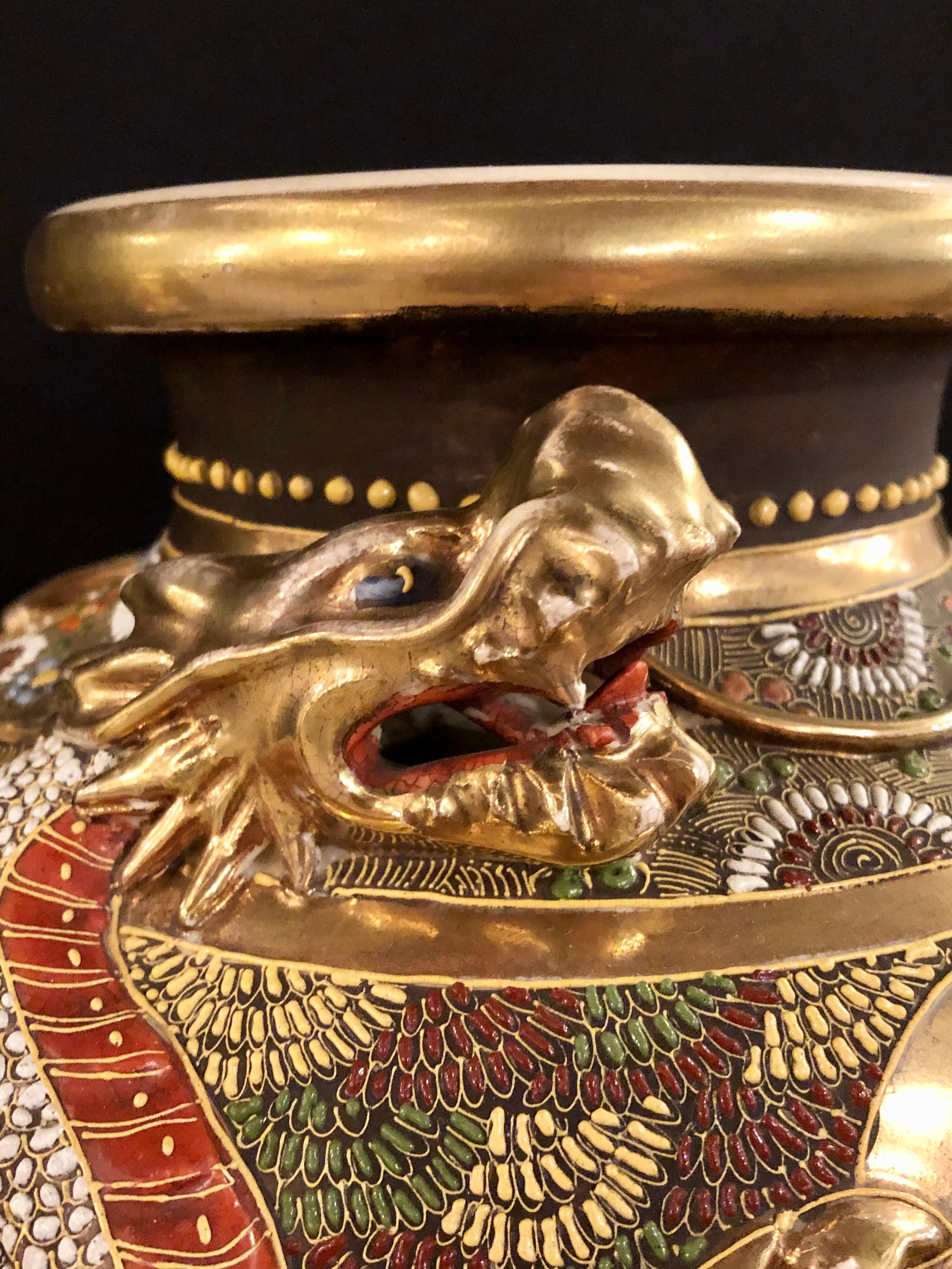 Anglo-Japanese Japanese Satsuma Vase Large and Impressive Gilt Gold Dragon Decorated, Signed