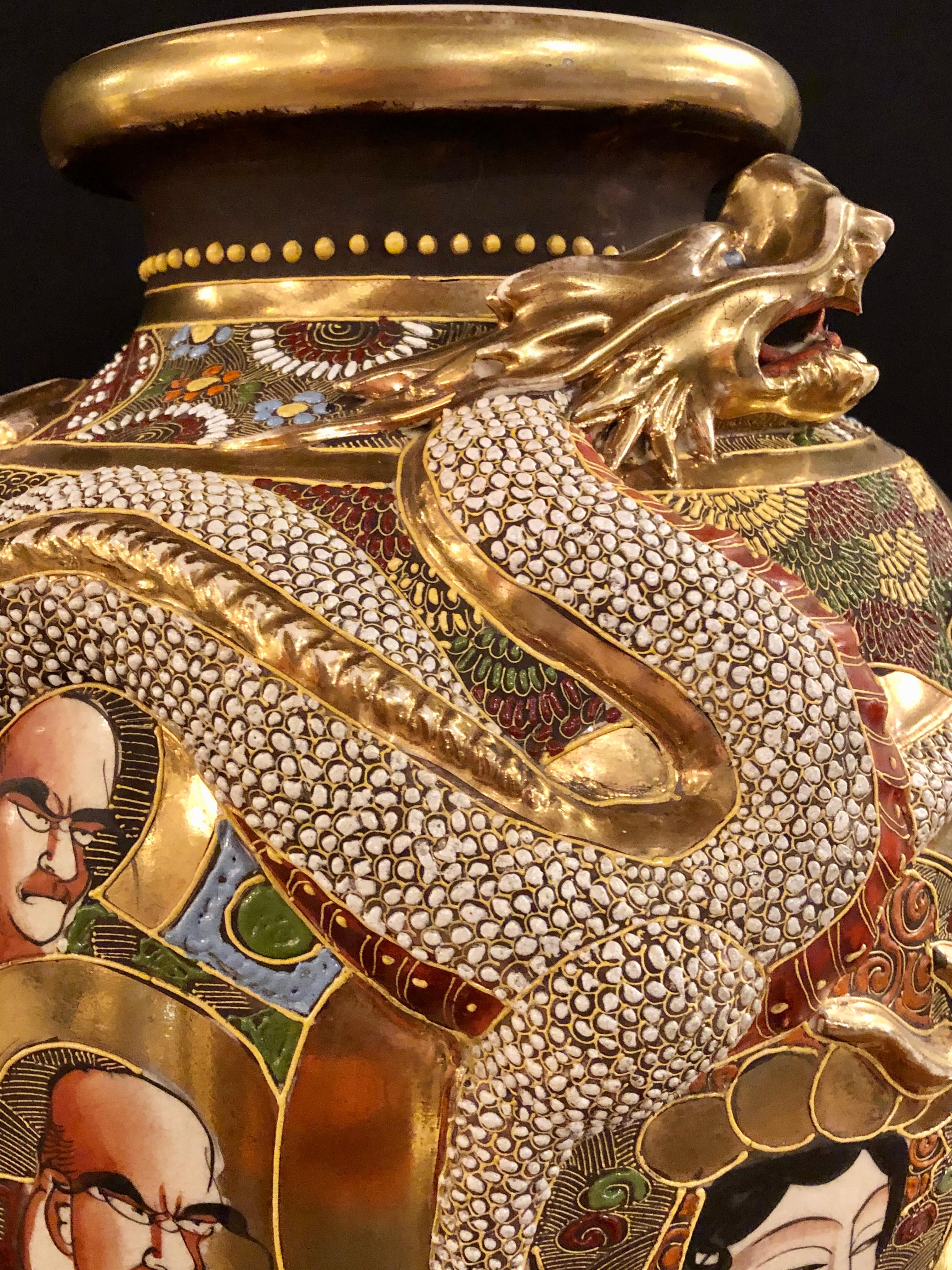 20th Century Japanese Satsuma Vase Large and Impressive Gilt Gold Dragon Decorated, Signed