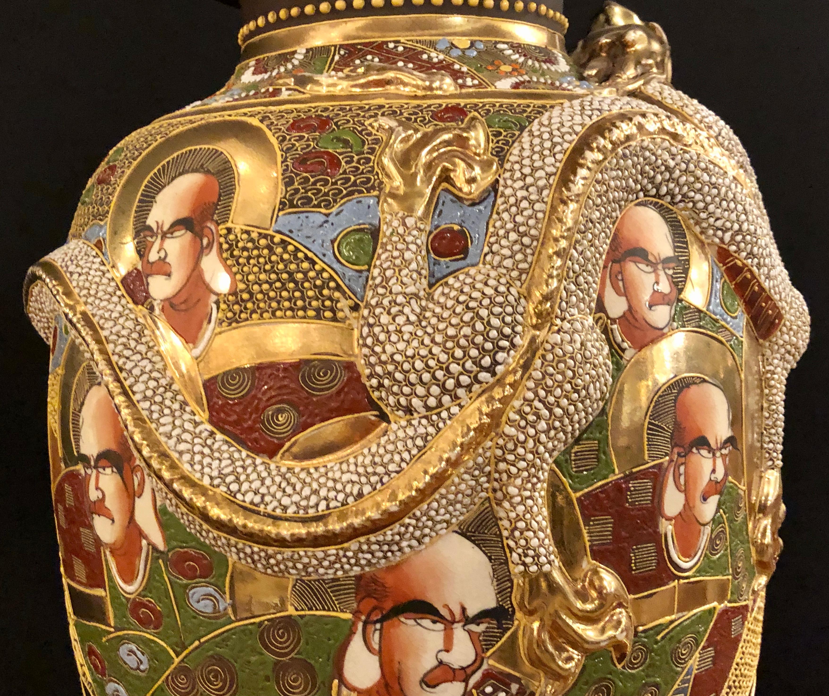 Pottery Japanese Satsuma Vase Large and Impressive Gilt Gold Dragon Decorated, Signed