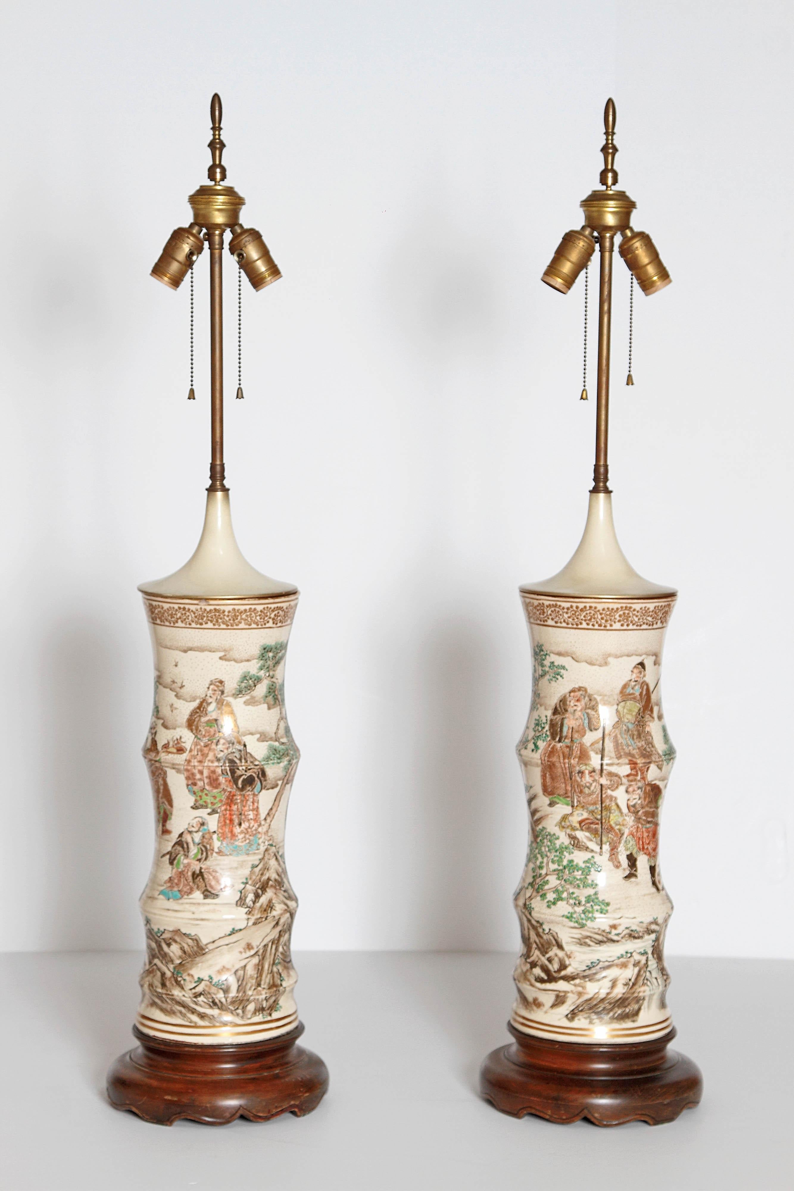 Japanese Satsuma Vase Pair as Custom Lamps 7