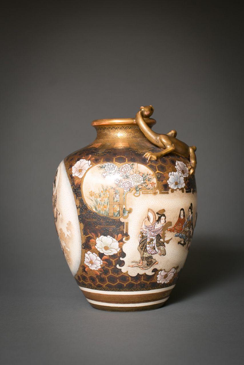 Japanese Satsuma vase: Ladies of the Court, Kannon and Gilded Dragon. Signed on the bottom.