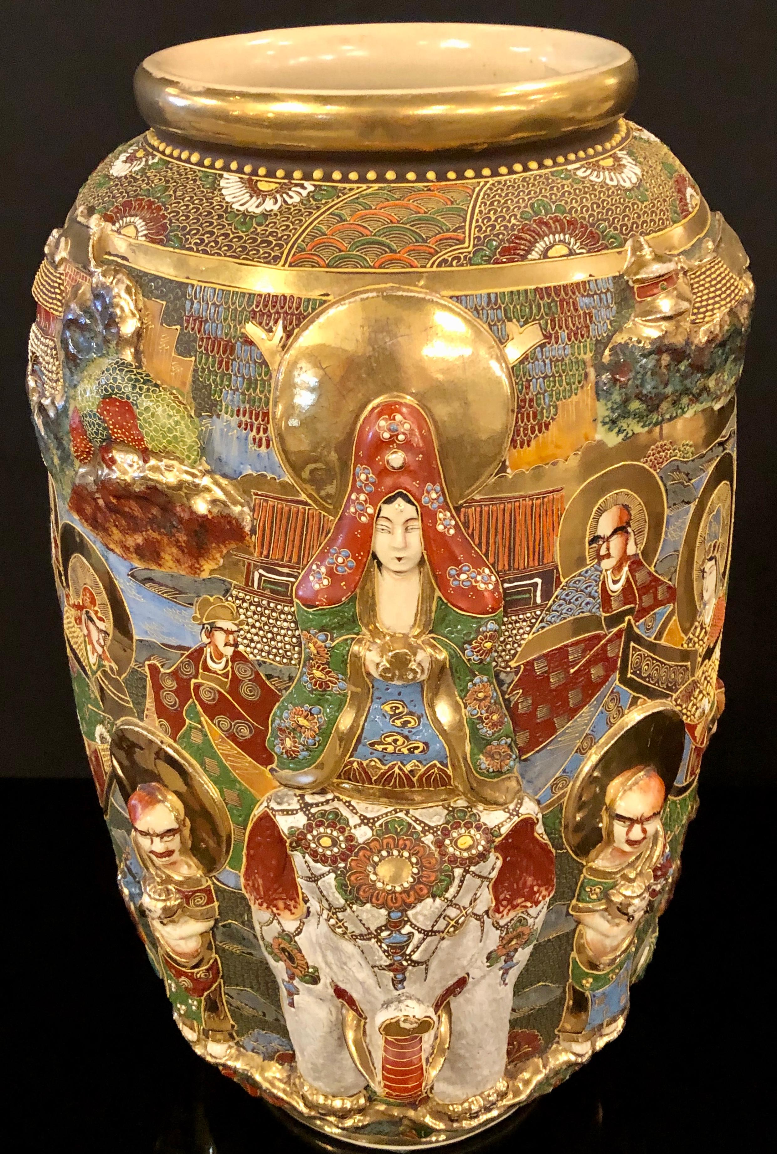 Japanese Satsuma Vase with Gold Gilt High Relief Decoration Depicting a  Goddess For Sale at 1stDibs
