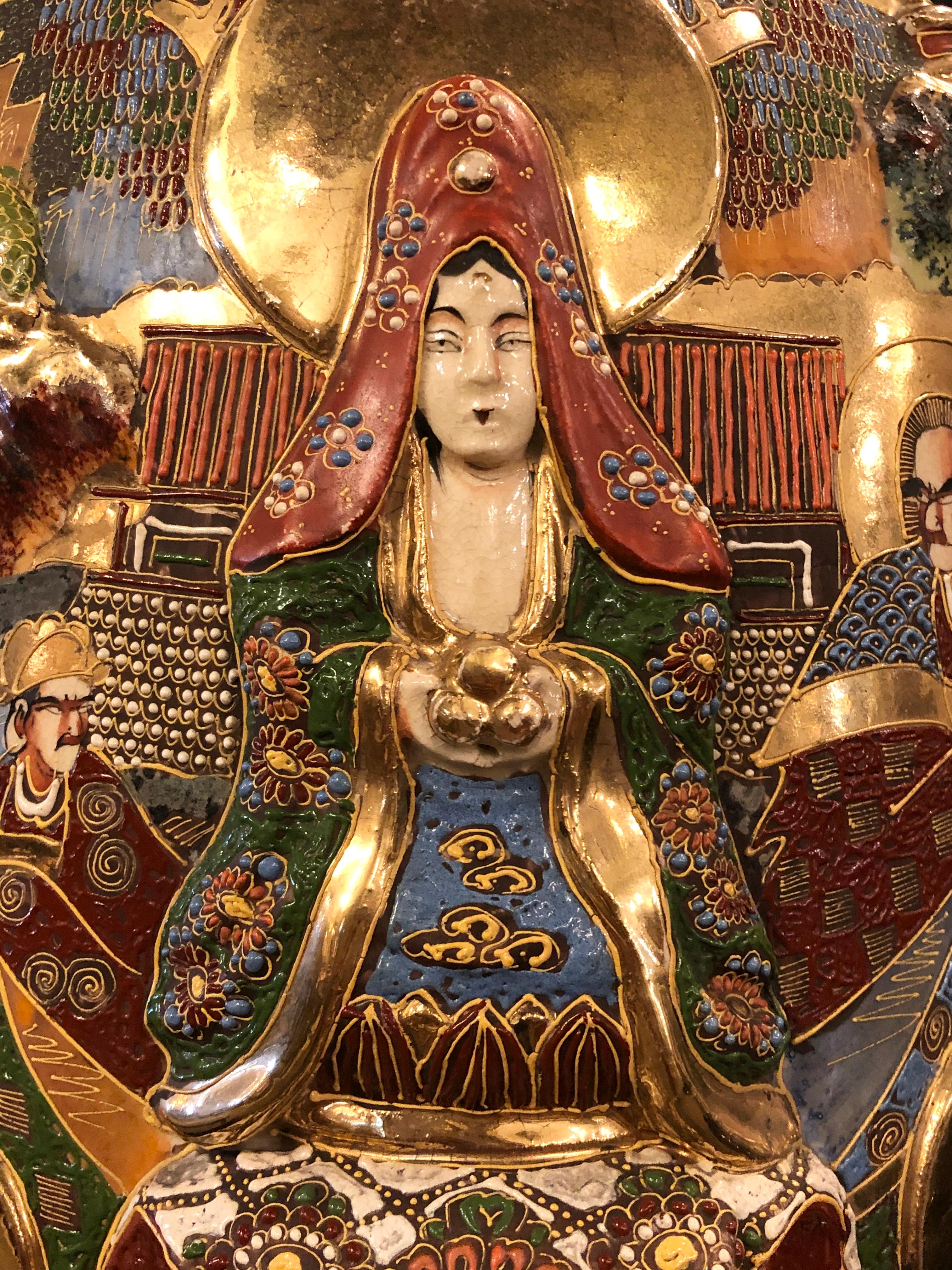 Japonisme Japanese Satsuma Vase with Gold Gilt High Relief Decoration Depicting a Goddess