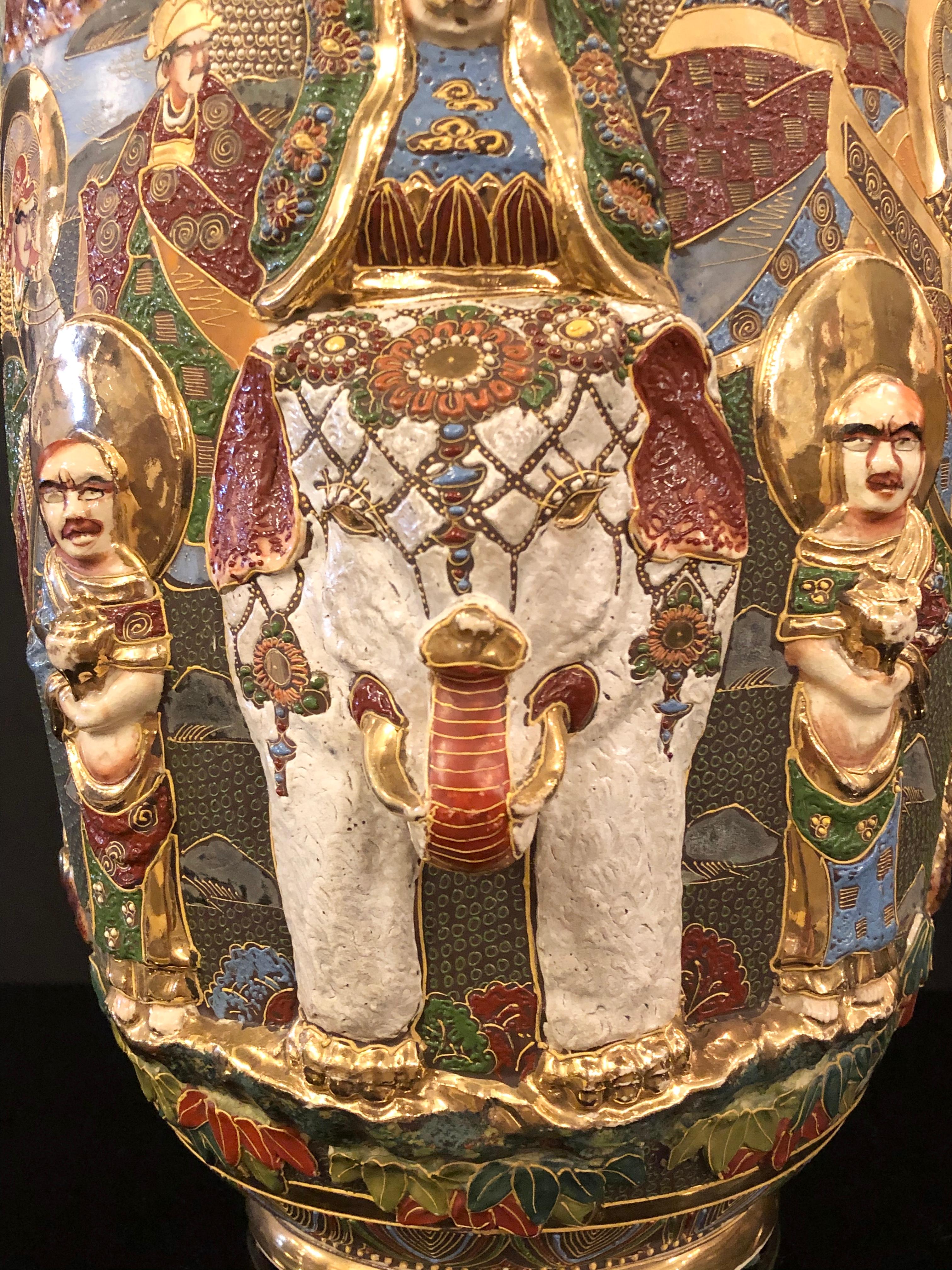 Japanese Satsuma Vase with Gold Gilt High Relief Decoration Depicting a Goddess In Good Condition In Stamford, CT