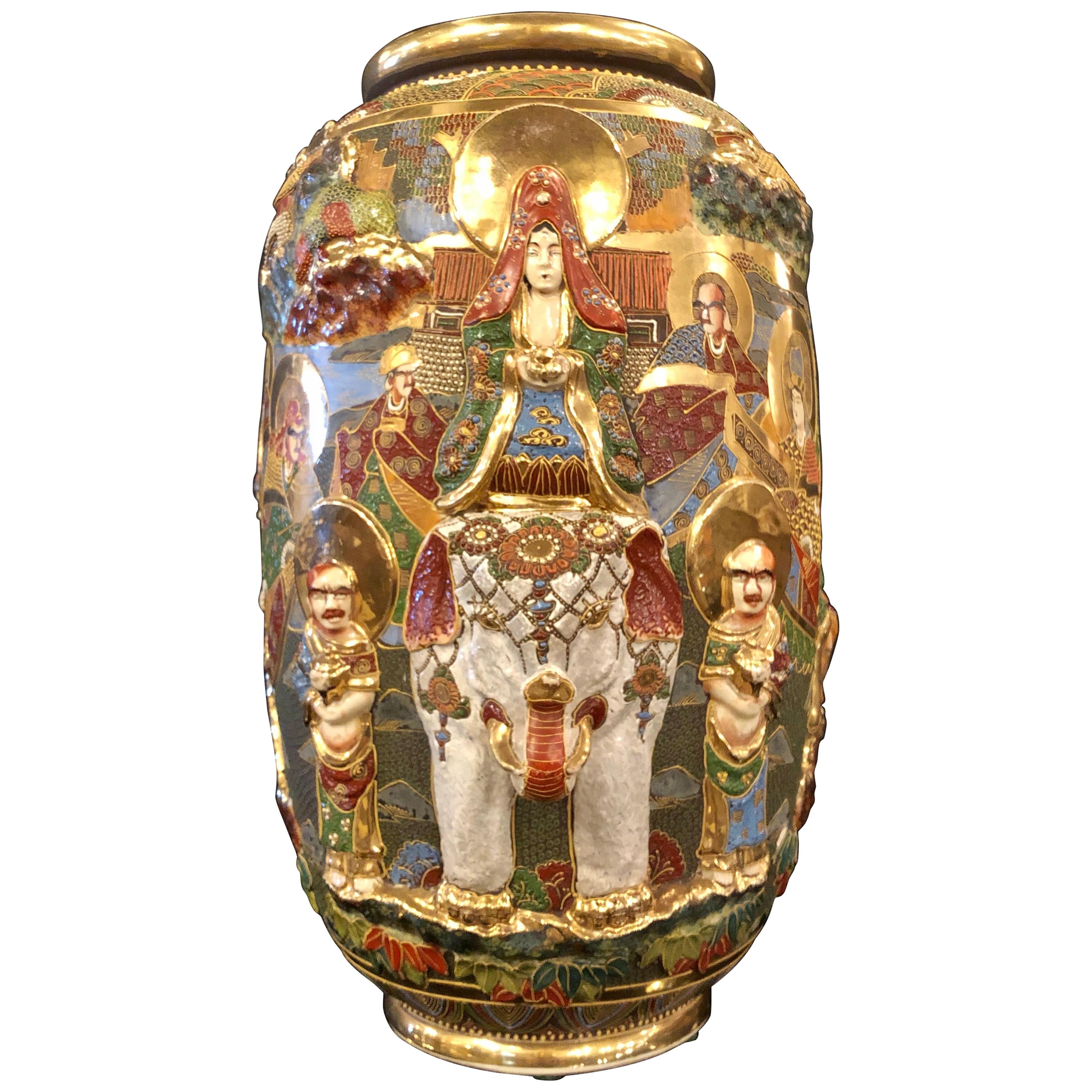 Japanese Satsuma Vase with Gold Gilt High Relief Decoration Depicting a Goddess