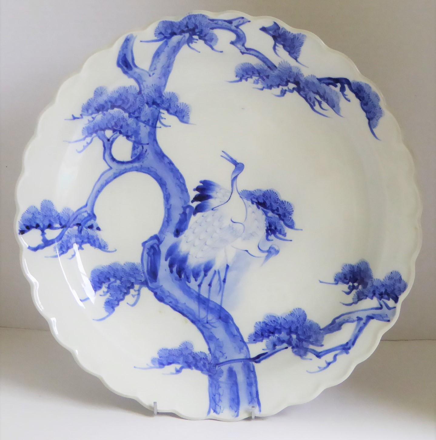 Japonisme Japanese Scalloped Charger Blue White Pair of Cranes on Pine Tree Meiji Period