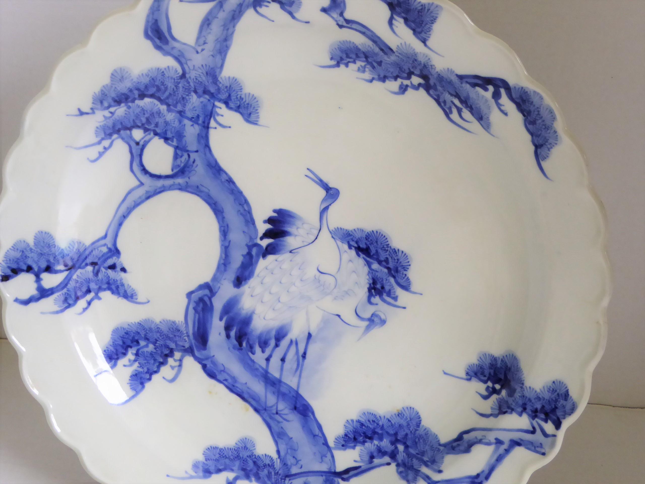 Painted Japanese Scalloped Charger Blue White Pair of Cranes on Pine Tree Meiji Period