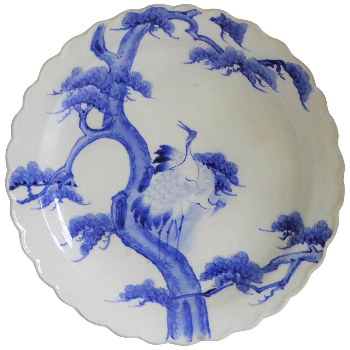 Japanese Scalloped Charger Blue White Pair of Cranes on Pine Tree Meiji Period