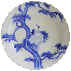 Japanese Scalloped Charger Blue White Pair of Cranes on Pine Tree Meiji Period