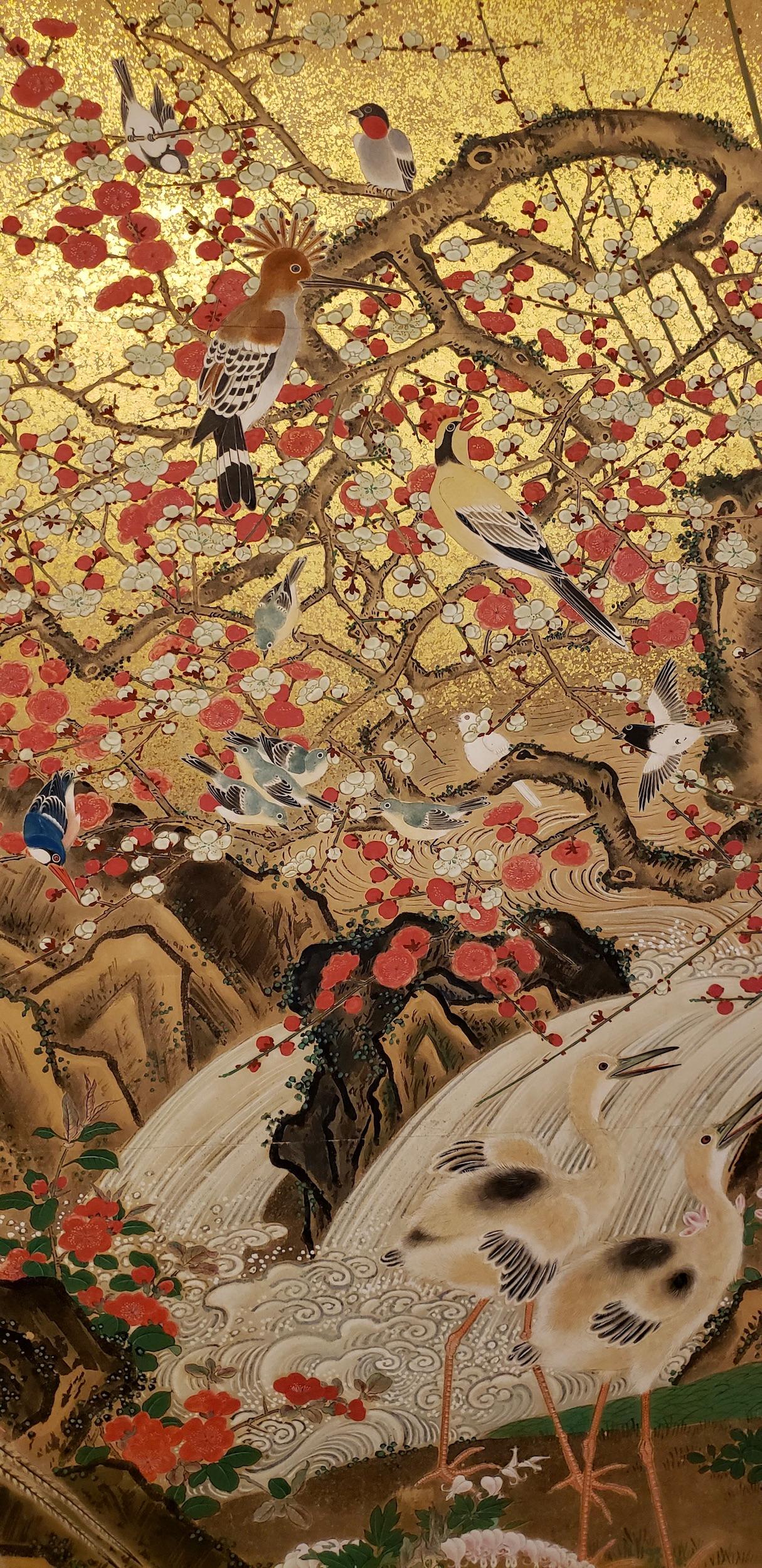 Silk Japanese Screen: Animals and Flowers in a Landscape with Rising Sun For Sale
