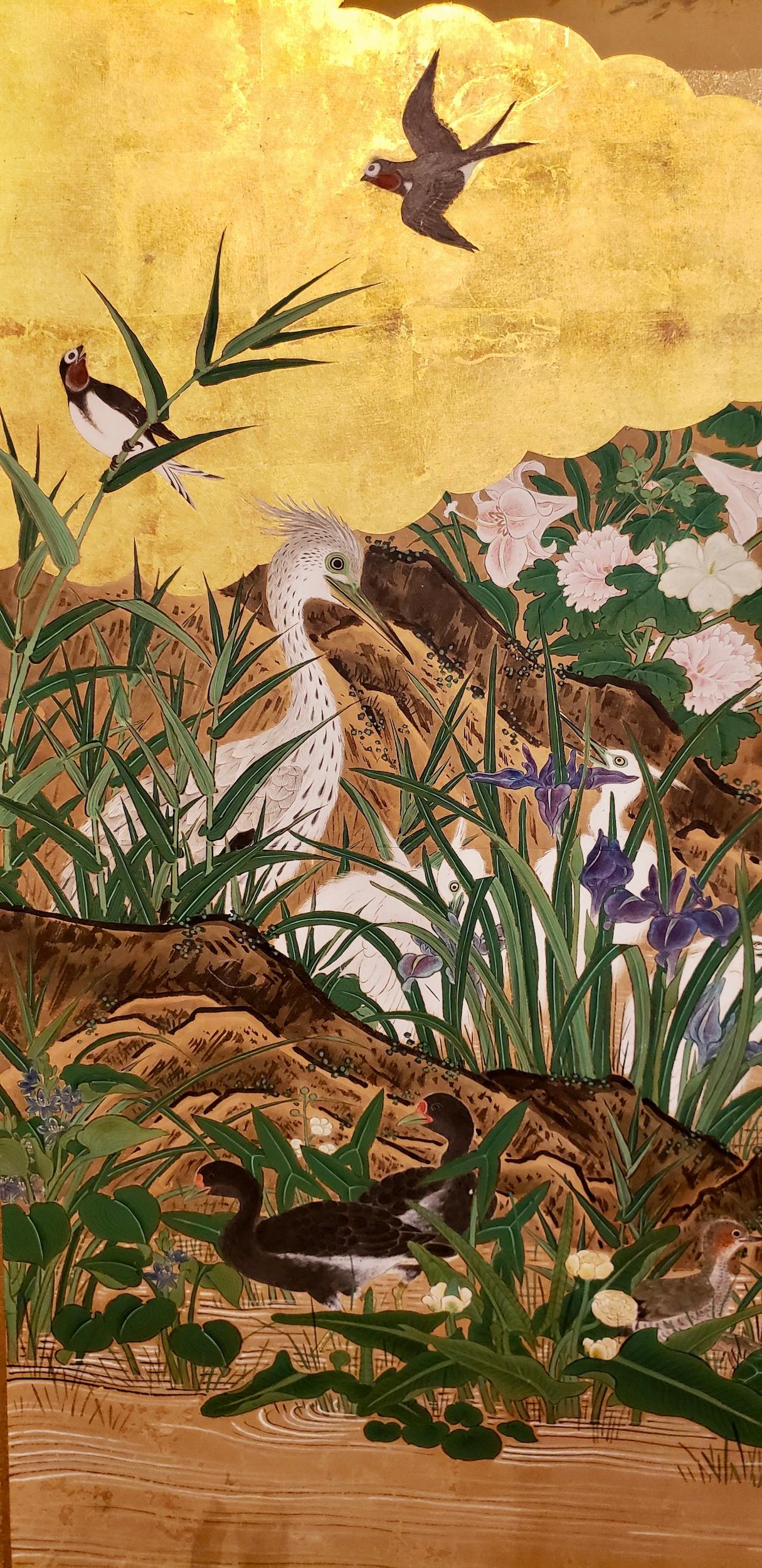 Edo period (c. 1800) screen, beautifully painted with excellent details.  Kano School painting at its best.  An exuberant Audobon landscape being observed by a cat and her kitten.  A variety of birds seeming to celebrate the rising sun, with a