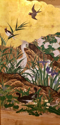 Japanese Screen: Animals and Flowers in a Landscape with Rising Sun
