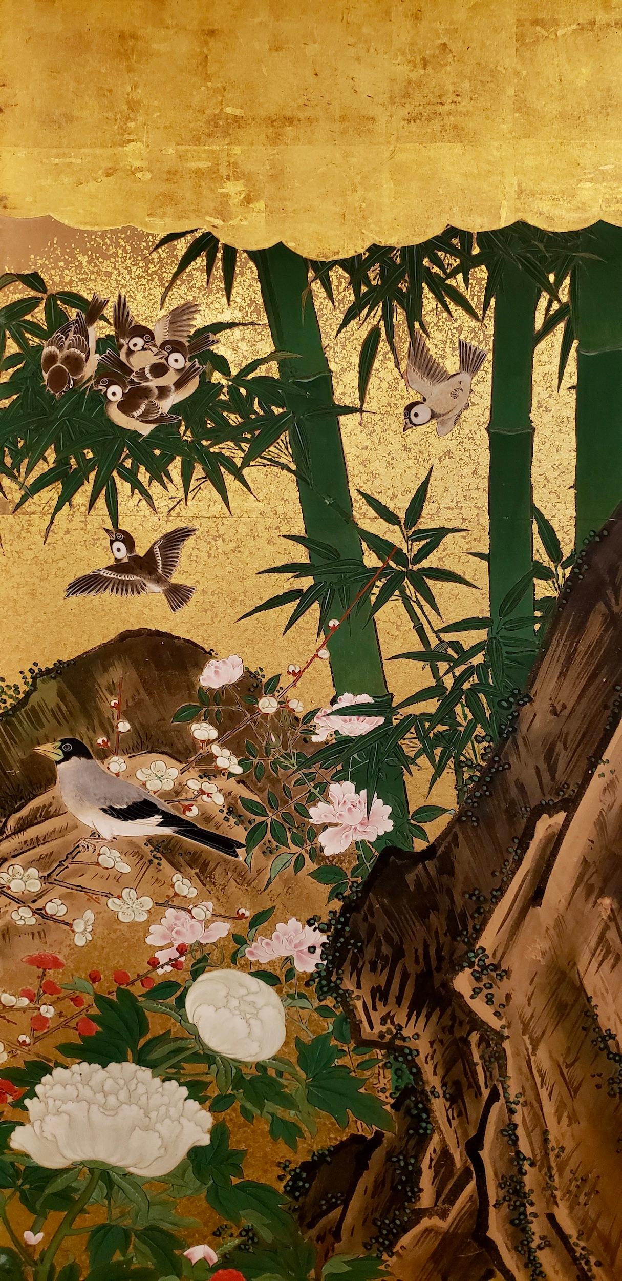 Japanese Screen: Animals and Flowers in a Landscape with Rising Sun For Sale 3