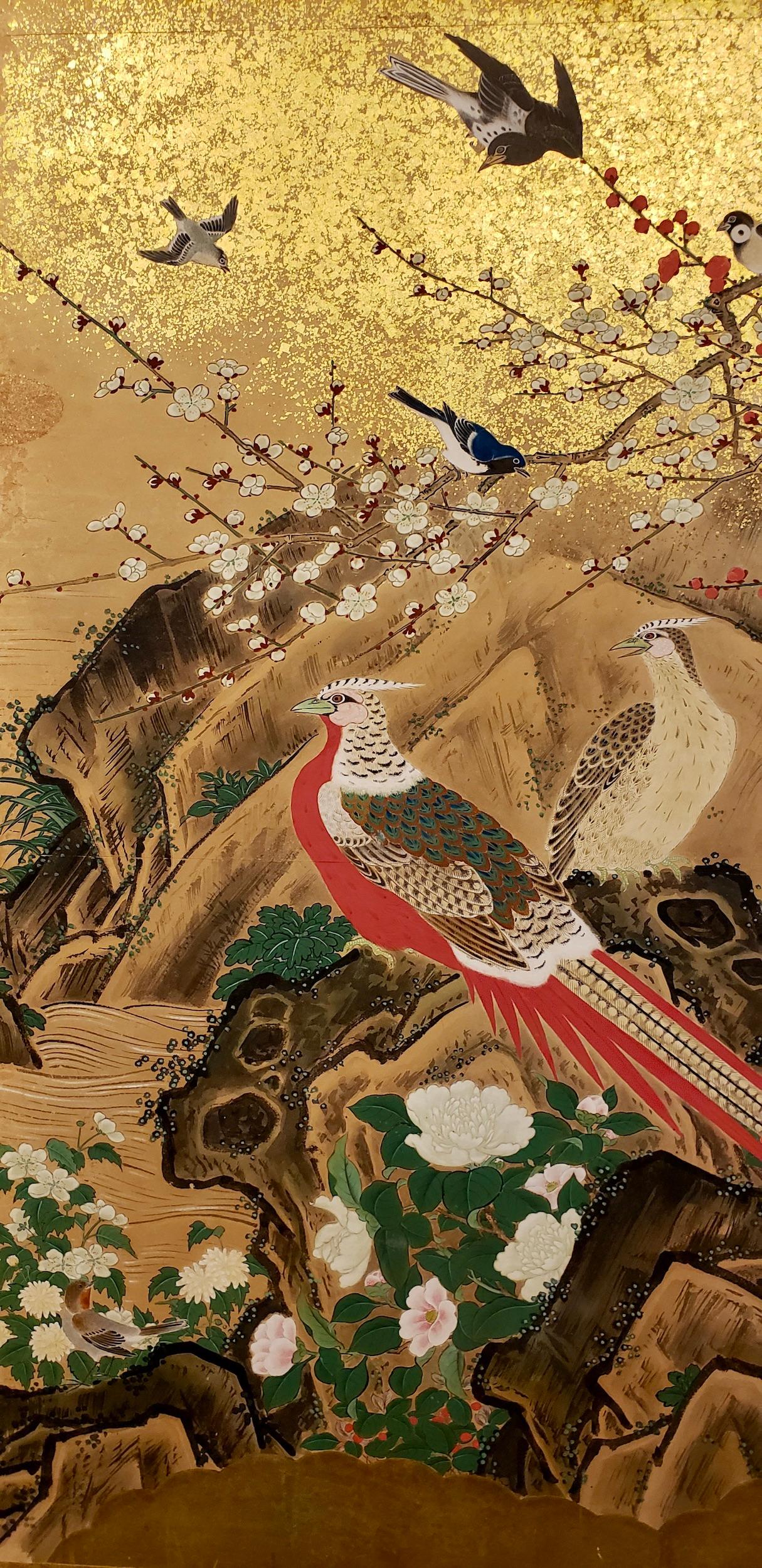 19th Century Japanese Screen: Animals and Flowers in a Landscape with Rising Sun For Sale