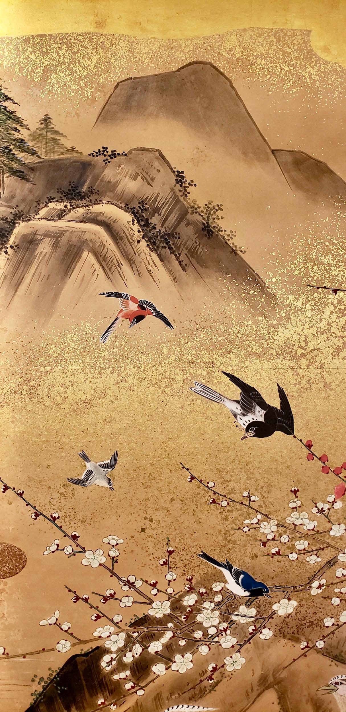 Edo Japanese Screen: Animals and Flowers in a Landscape with Rising Sun For Sale