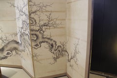 Japanese Screen Black Ivory Hand Painted Blossoms Branches Birds Six Panels